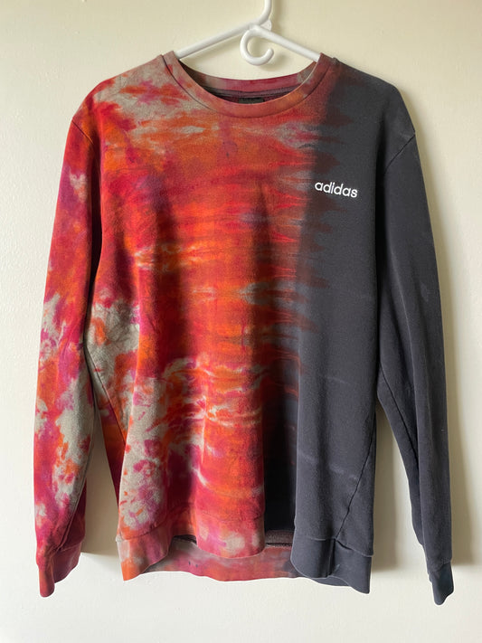 XL Men's a d i d a s Reverse Tie Dye Crewneck Sweatshirt | One-Of-a-Kind Upcycled Black and Red Half-and-Half Sweatshirt