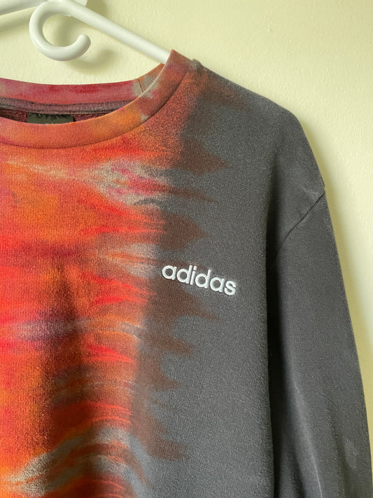 XL Men's a d i d a s Reverse Tie Dye Crewneck Sweatshirt | One-Of-a-Kind Upcycled Black and Red Half-and-Half Sweatshirt