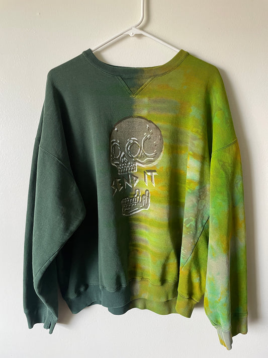 XL Men's Send It Skull Handmade Reverse Tie Dye Crewneck | One-Of-a-Kind Upcycled Green and Gold Long Sleeve Sweatshirt