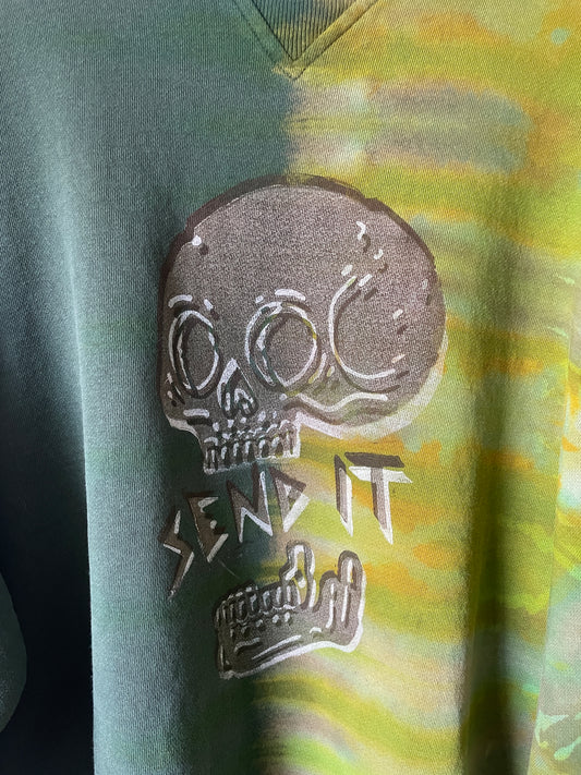 XL Men's Send It Skull Handmade Reverse Tie Dye Crewneck | One-Of-a-Kind Upcycled Green and Gold Long Sleeve Sweatshirt