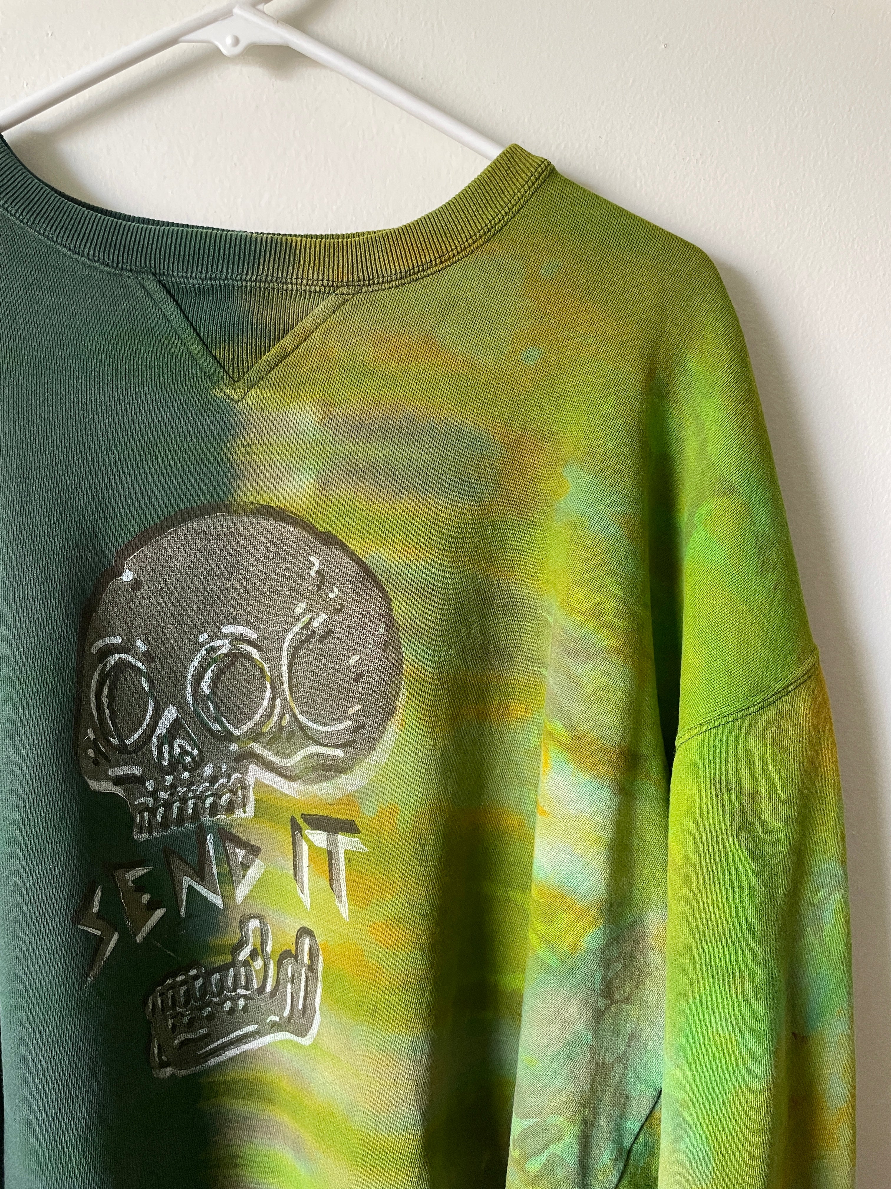 XL Men's Send It Skull Handmade Reverse Tie Dye Crewneck | One-Of-a-Kind Upcycled Green and Gold Long Sleeve Sweatshirt