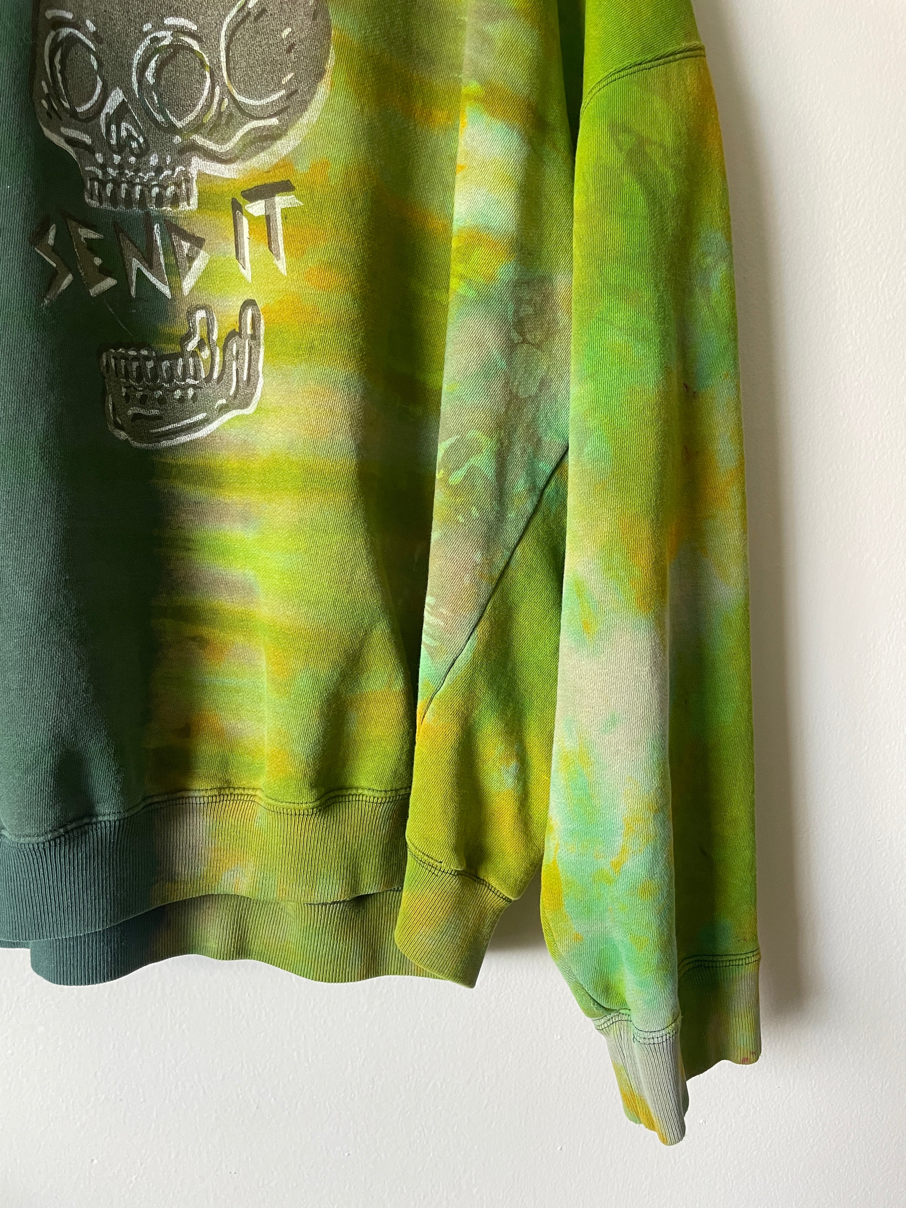 XL Men's Send It Skull Handmade Reverse Tie Dye Crewneck | One-Of-a-Kind Upcycled Green and Gold Long Sleeve Sweatshirt