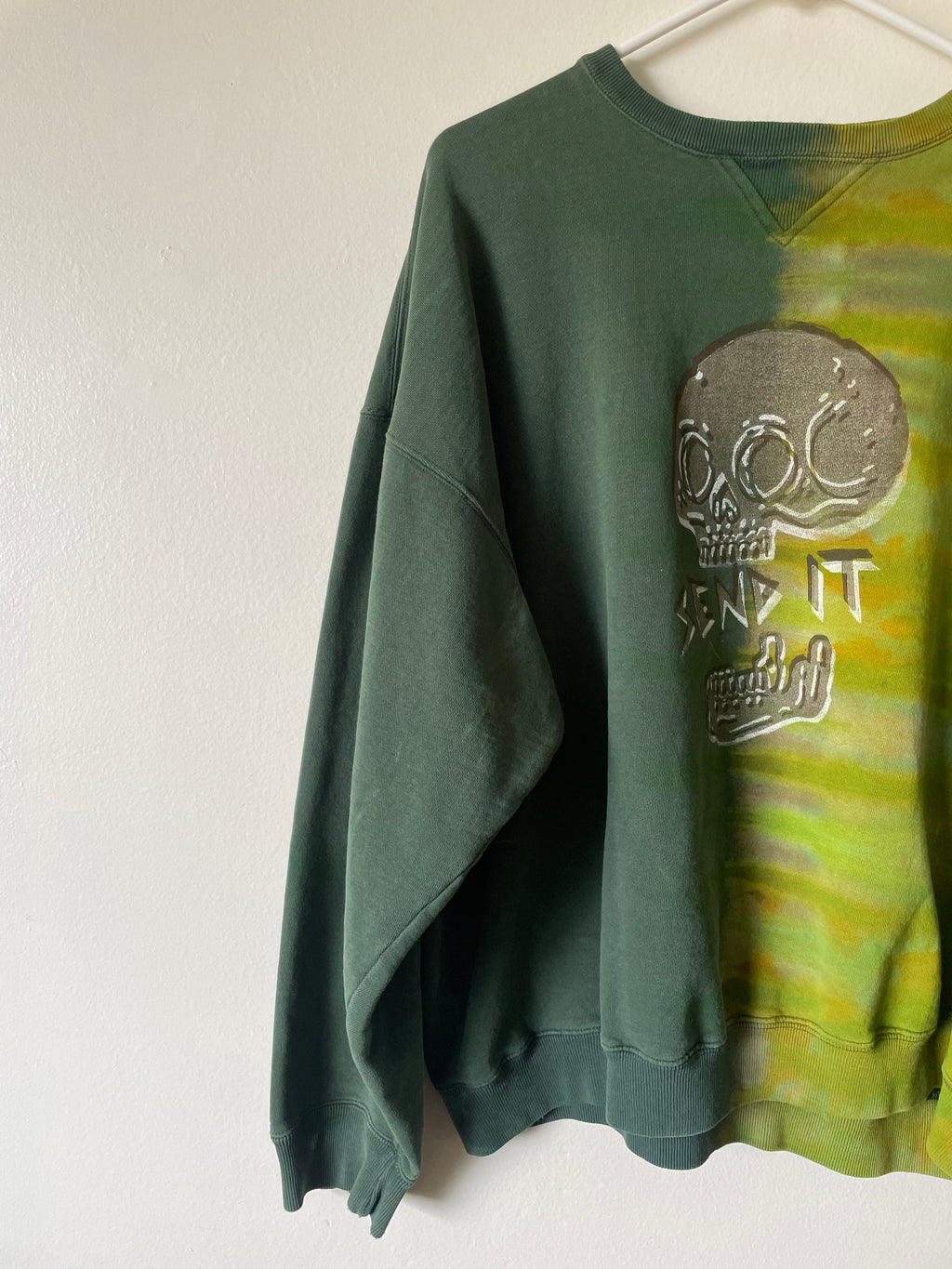 XL Men's Send It Skull Handmade Reverse Tie Dye Crewneck | One-Of-a-Kind Upcycled Green and Gold Long Sleeve Sweatshirt