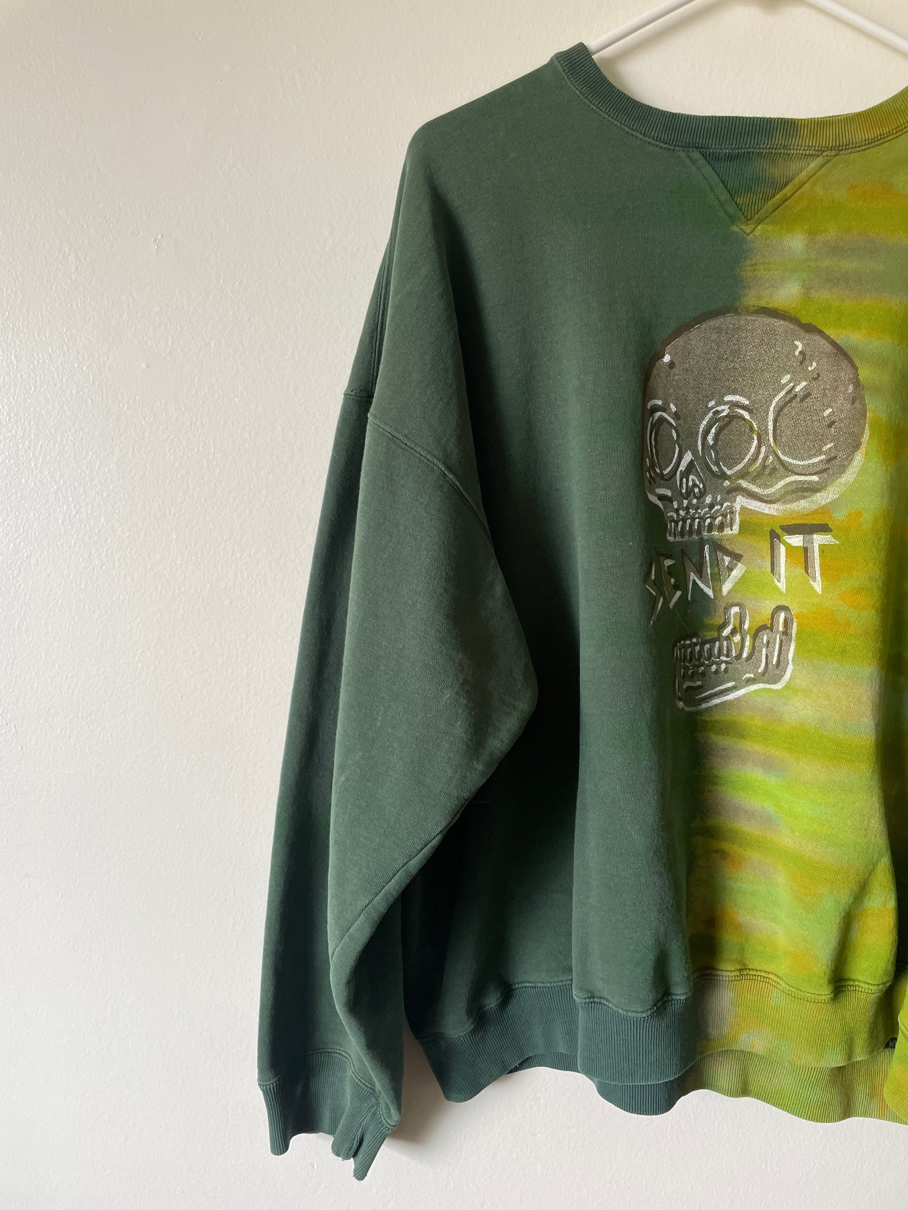 XL Men's Send It Skull Handmade Reverse Tie Dye Crewneck | One-Of-a-Kind Upcycled Green and Gold Long Sleeve Sweatshirt