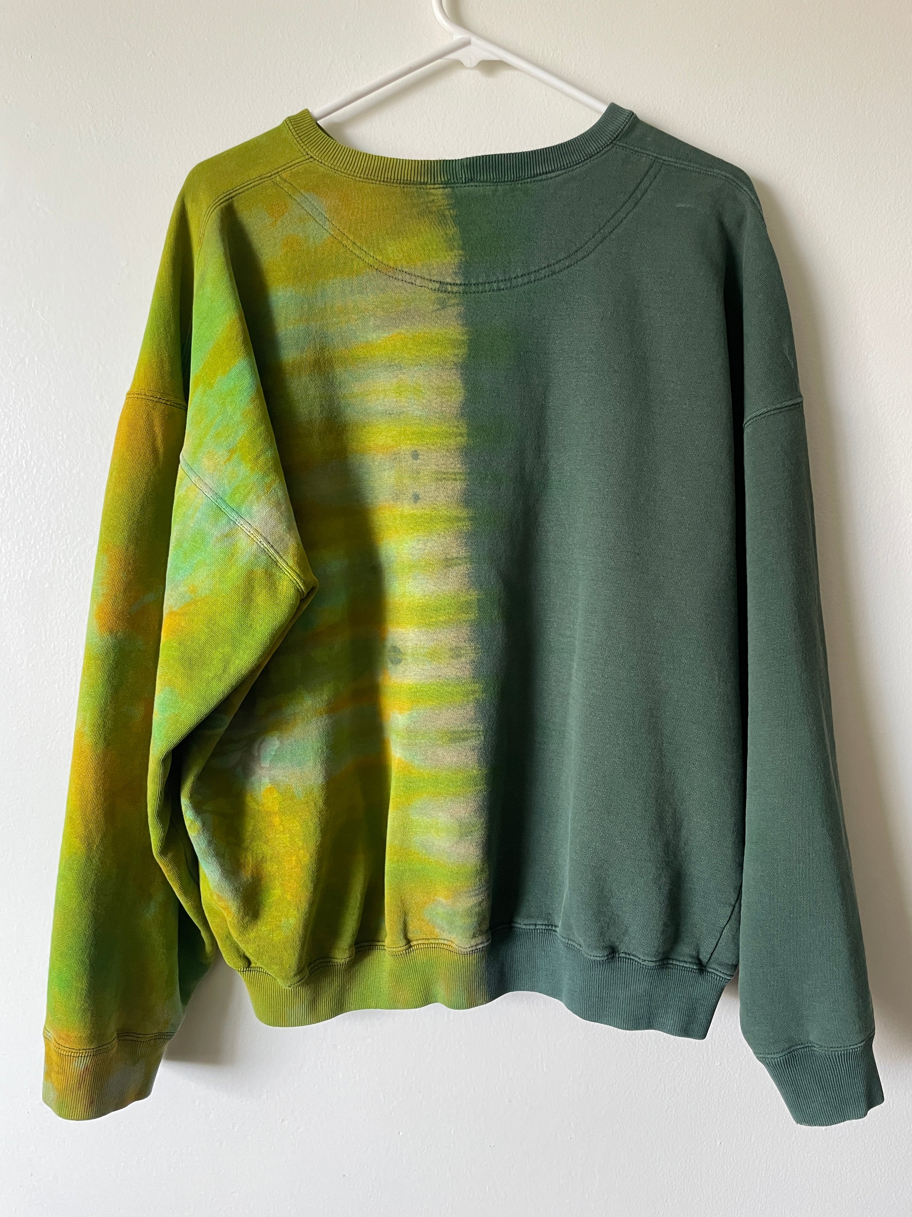 XL Men's Send It Skull Handmade Reverse Tie Dye Crewneck | One-Of-a-Kind Upcycled Green and Gold Long Sleeve Sweatshirt
