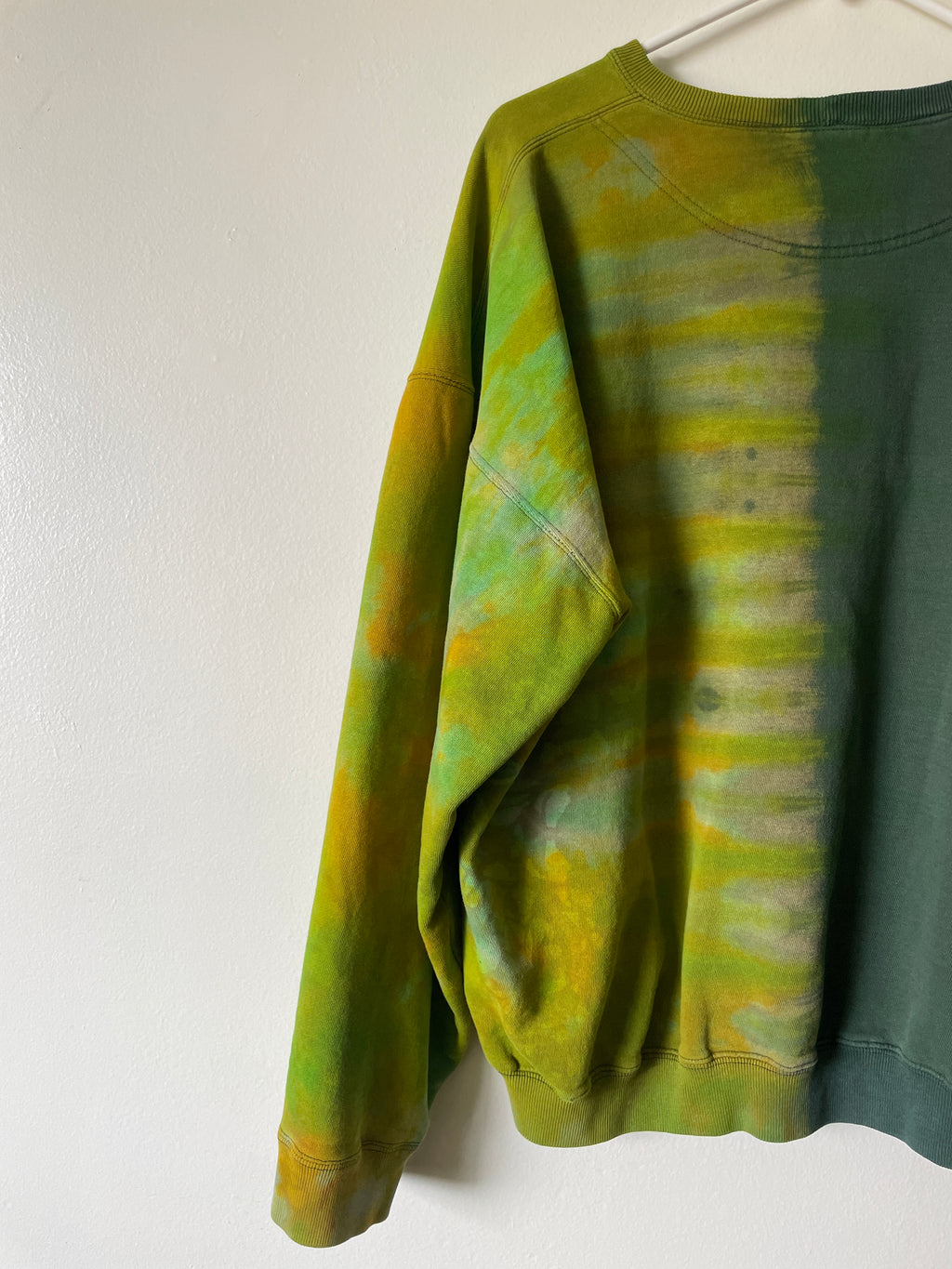 XL Men's Send It Skull Handmade Reverse Tie Dye Crewneck | One-Of-a-Kind Upcycled Green and Gold Long Sleeve Sweatshirt