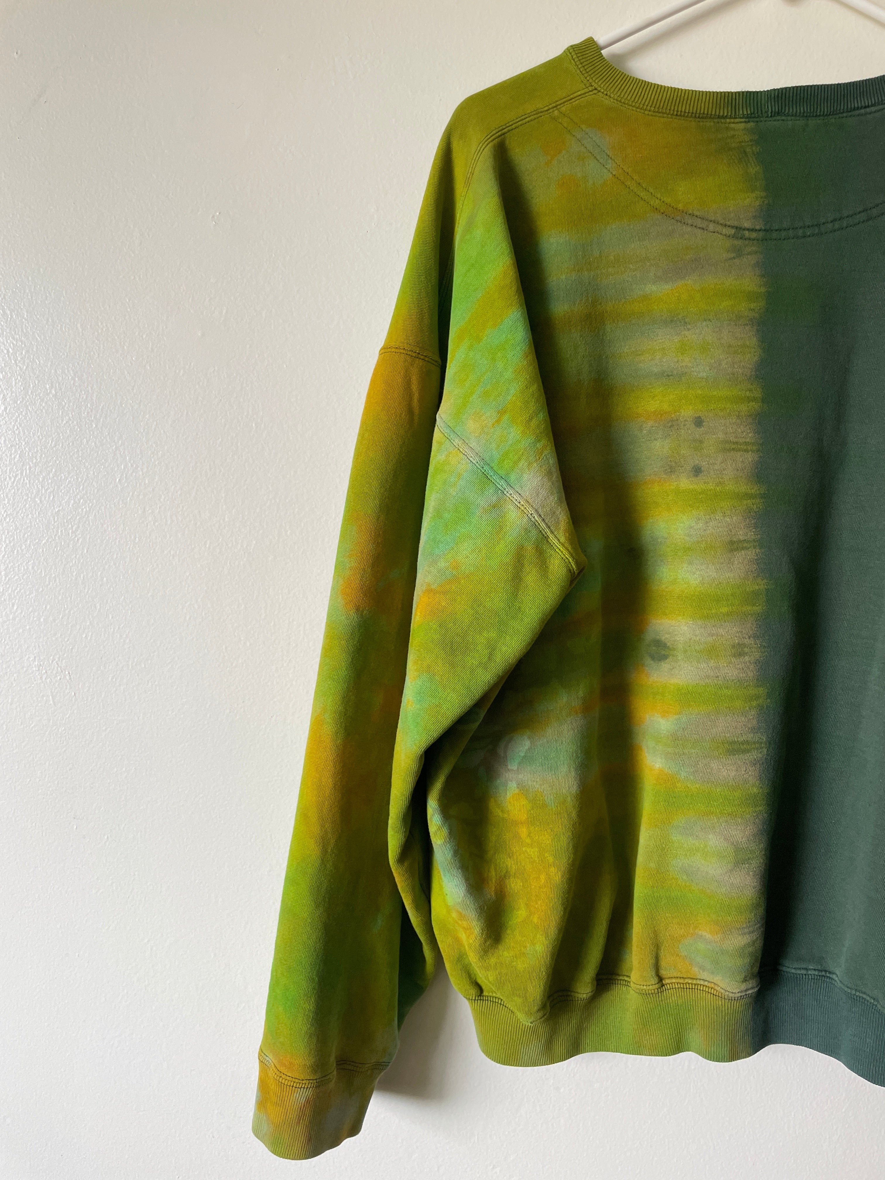 XL Men's Send It Skull Handmade Reverse Tie Dye Crewneck | One-Of-a-Kind Upcycled Green and Gold Long Sleeve Sweatshirt