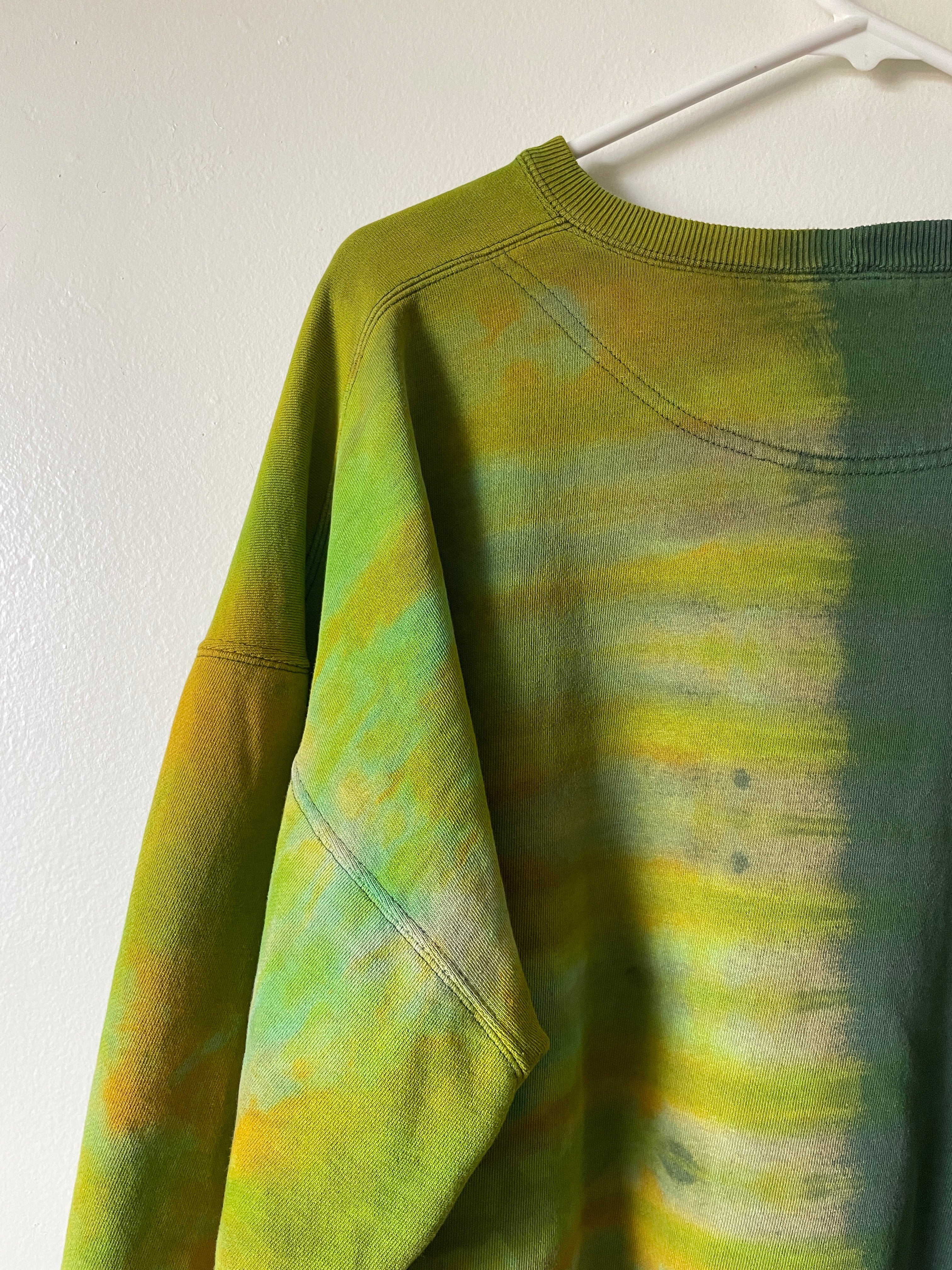XL Men's Send It Skull Handmade Reverse Tie Dye Crewneck | One-Of-a-Kind Upcycled Green and Gold Long Sleeve Sweatshirt