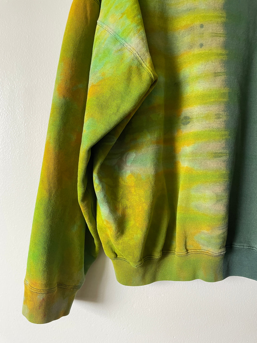 XL Men's Send It Skull Handmade Reverse Tie Dye Crewneck | One-Of-a-Kind Upcycled Green and Gold Long Sleeve Sweatshirt