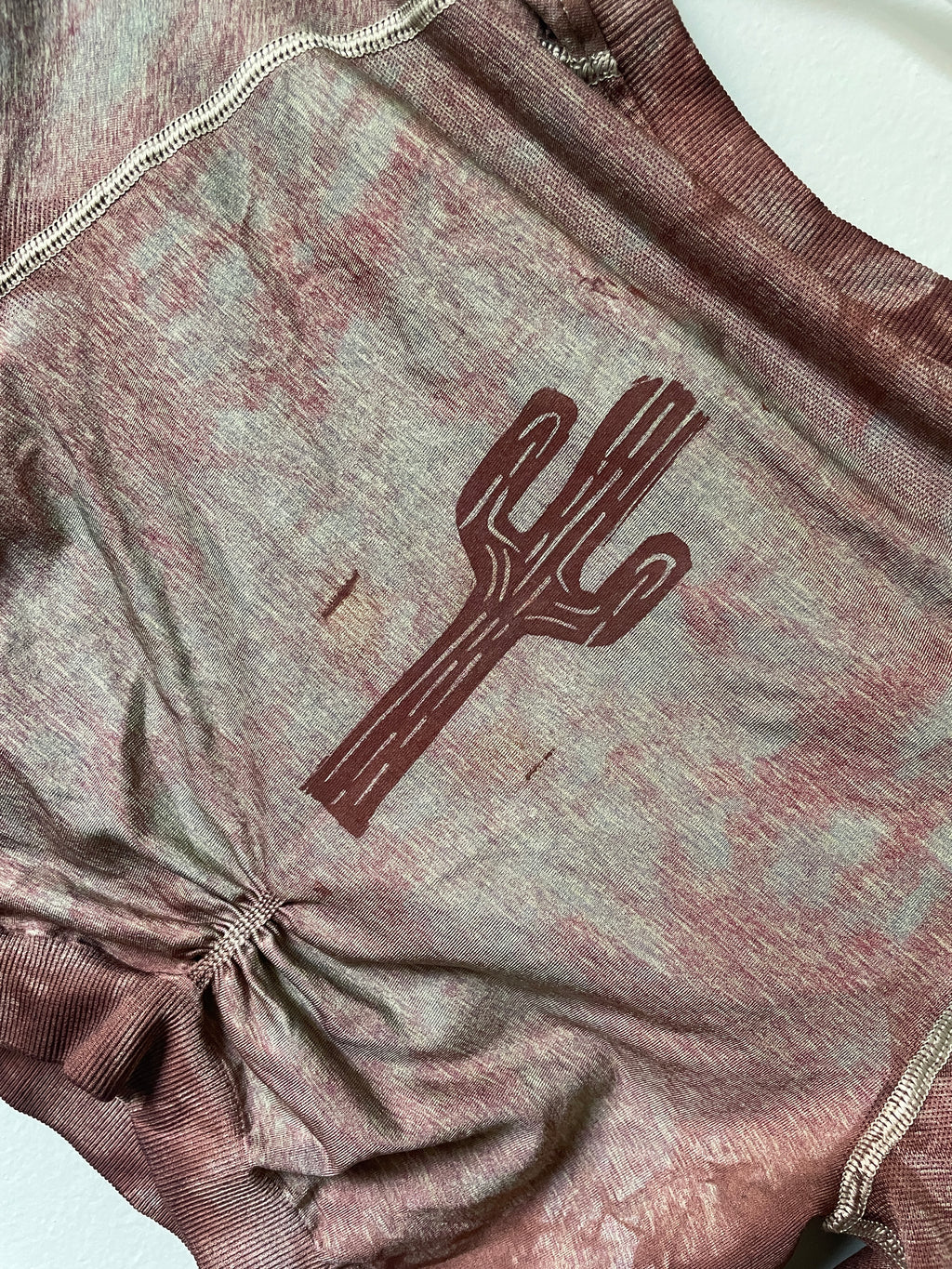 Small Women's Saguaro Cactus Handmade Tie Dye Crop Top | One-Of-a-Kind Upcycled Tan and Red Long Sleeve Gym Shark Gym Top