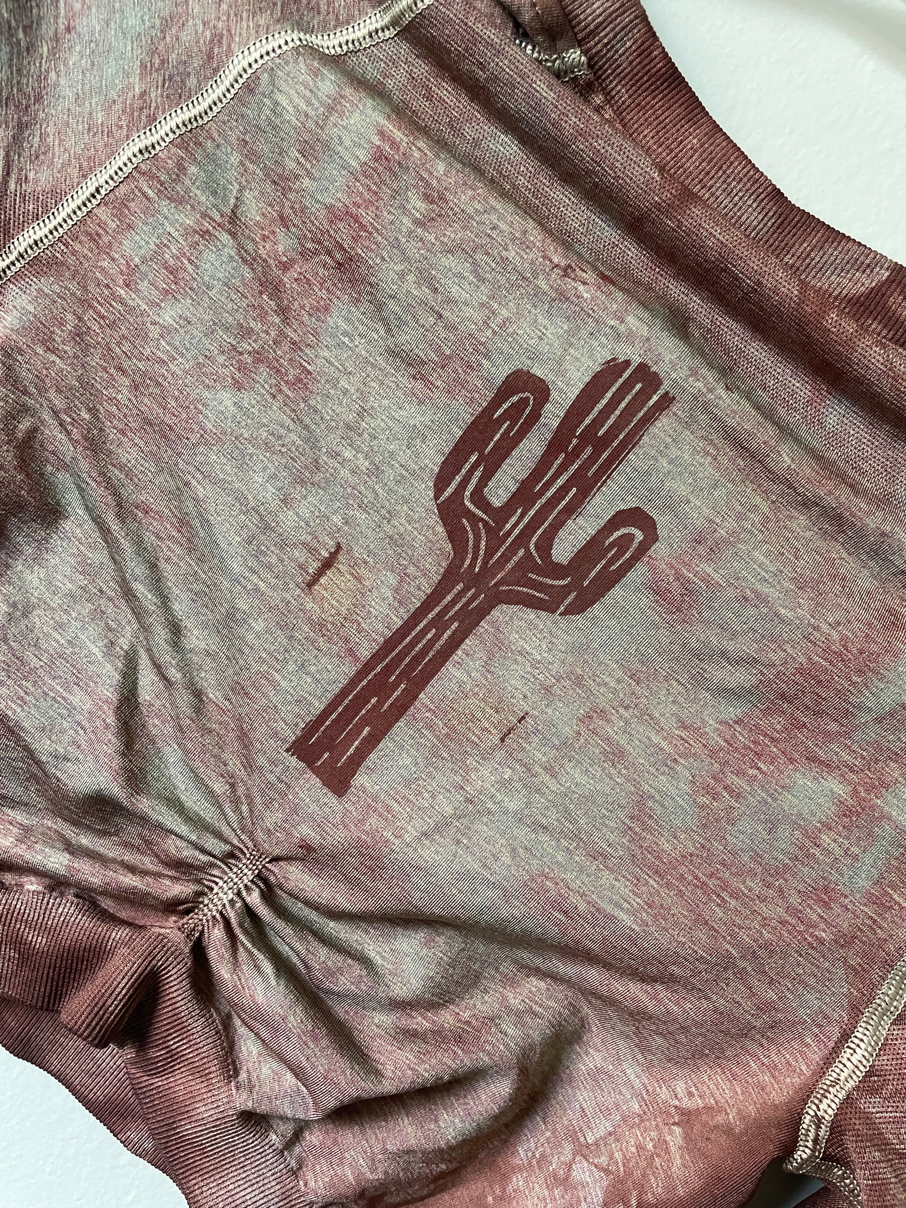 Small Women's Saguaro Cactus Handmade Tie Dye Crop Top | One-Of-a-Kind Upcycled Tan and Red Long Sleeve Gym Shark Gym Top