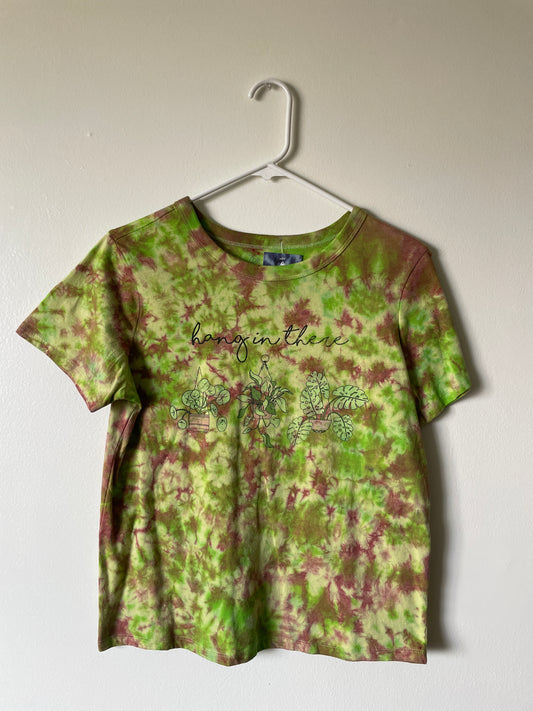 Small Women's Hang in There Handmade Tie Dye Short Sleeve T-Shirt | One-Of-a-Kind Upcycled Yellow and GreenTie Dye Top