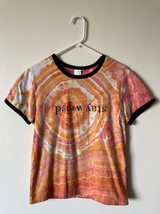 Medium Women's Stay Weird Handmade Geode Tie Dye Short Sleeve T-Shirt | One-Of-a-Kind Upcycled Orange and White Tie Dye Top