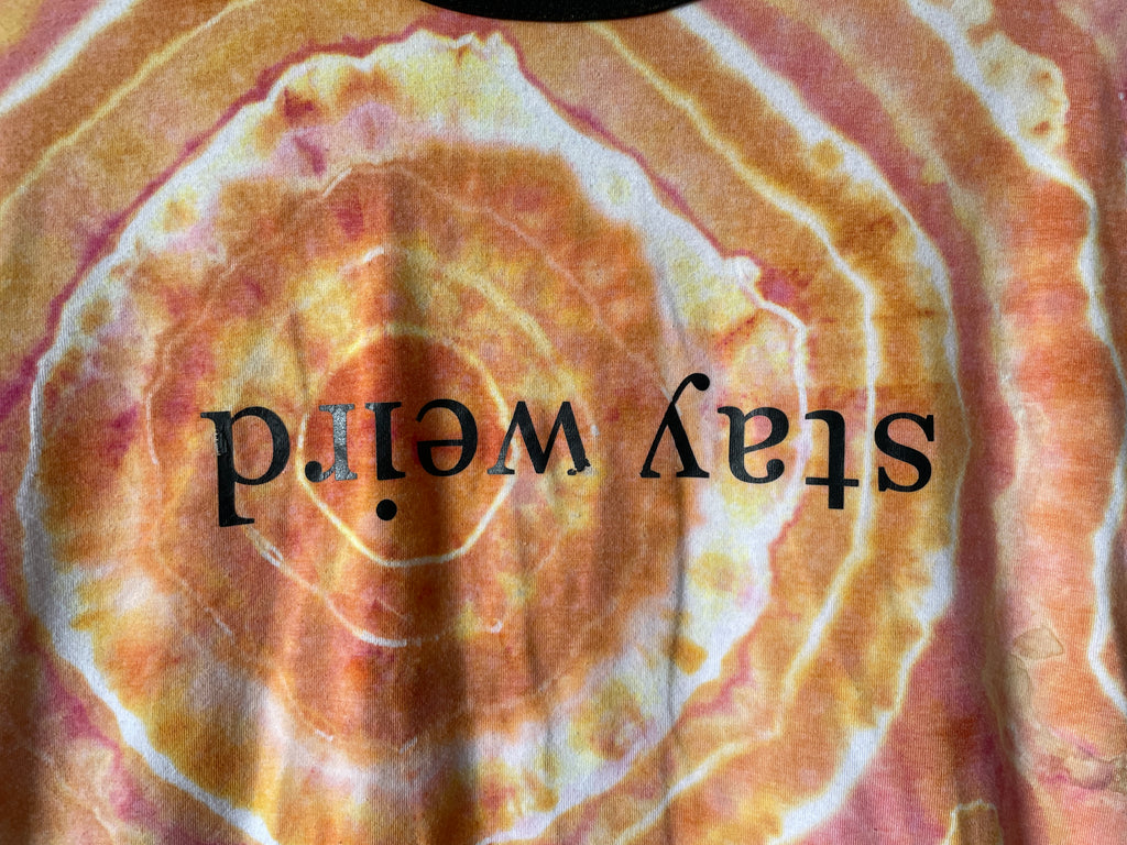 Medium Women's Stay Weird Handmade Geode Tie Dye Short Sleeve T-Shirt | One-Of-a-Kind Upcycled Orange and White Tie Dye Top