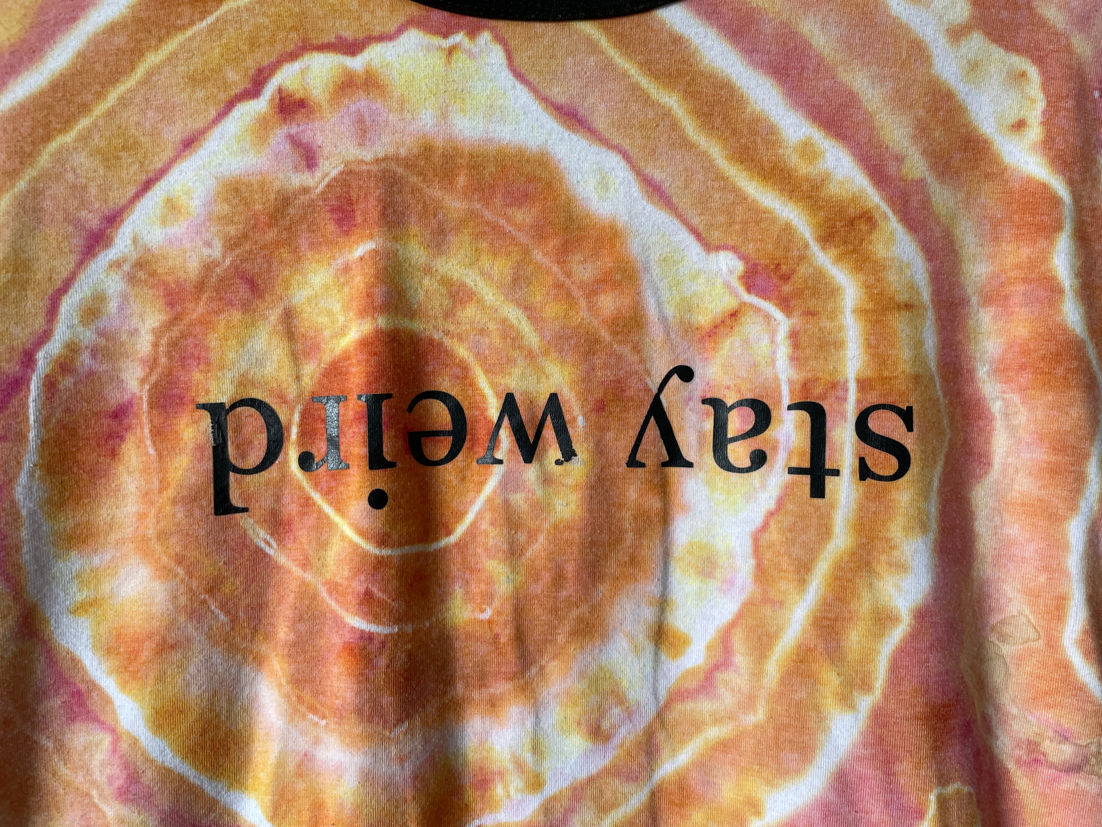 Medium Women's Stay Weird Handmade Geode Tie Dye Short Sleeve T-Shirt | One-Of-a-Kind Upcycled Orange and White Tie Dye Top