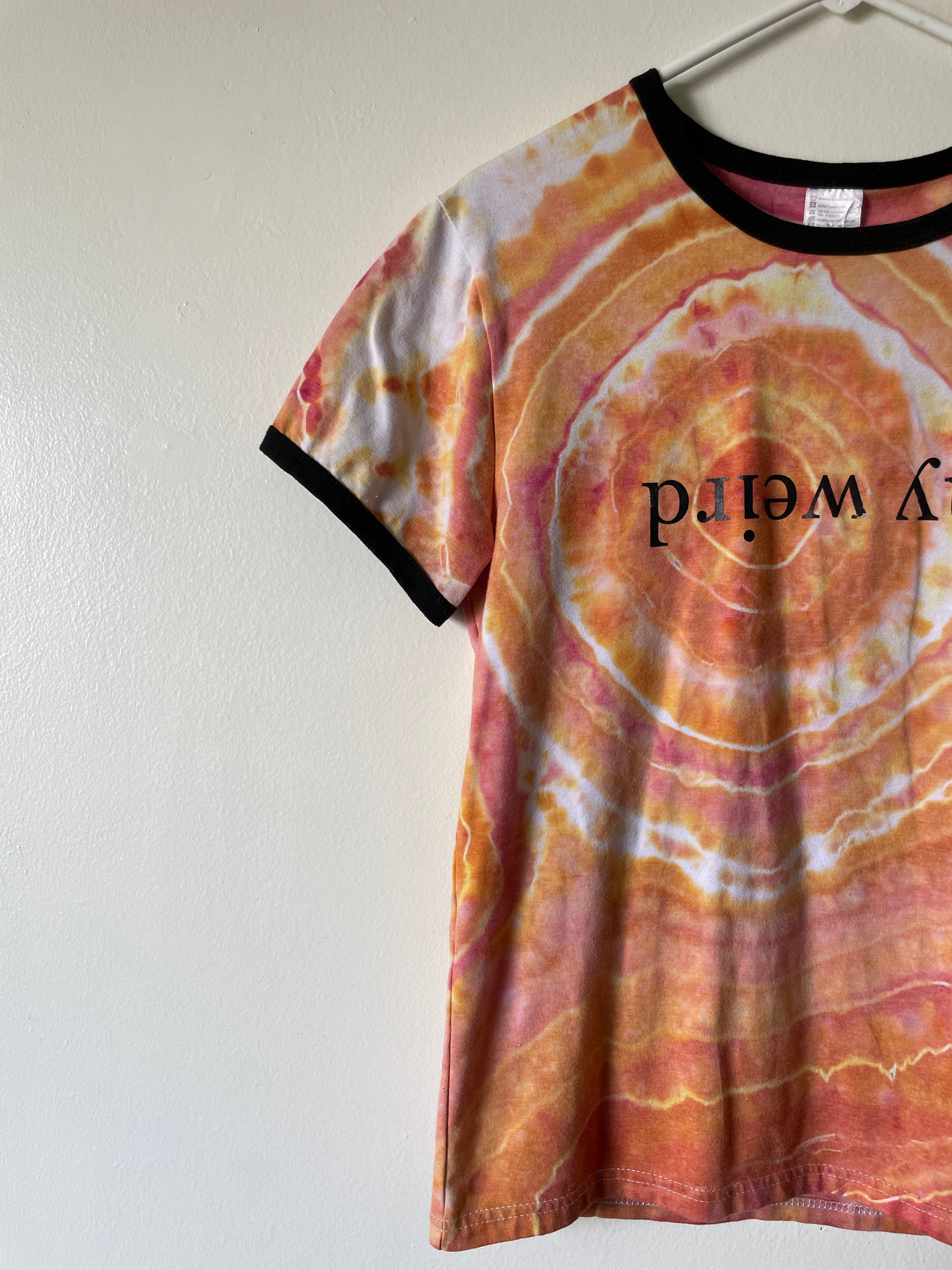 Medium Women's Stay Weird Handmade Geode Tie Dye Short Sleeve T-Shirt | One-Of-a-Kind Upcycled Orange and White Tie Dye Top