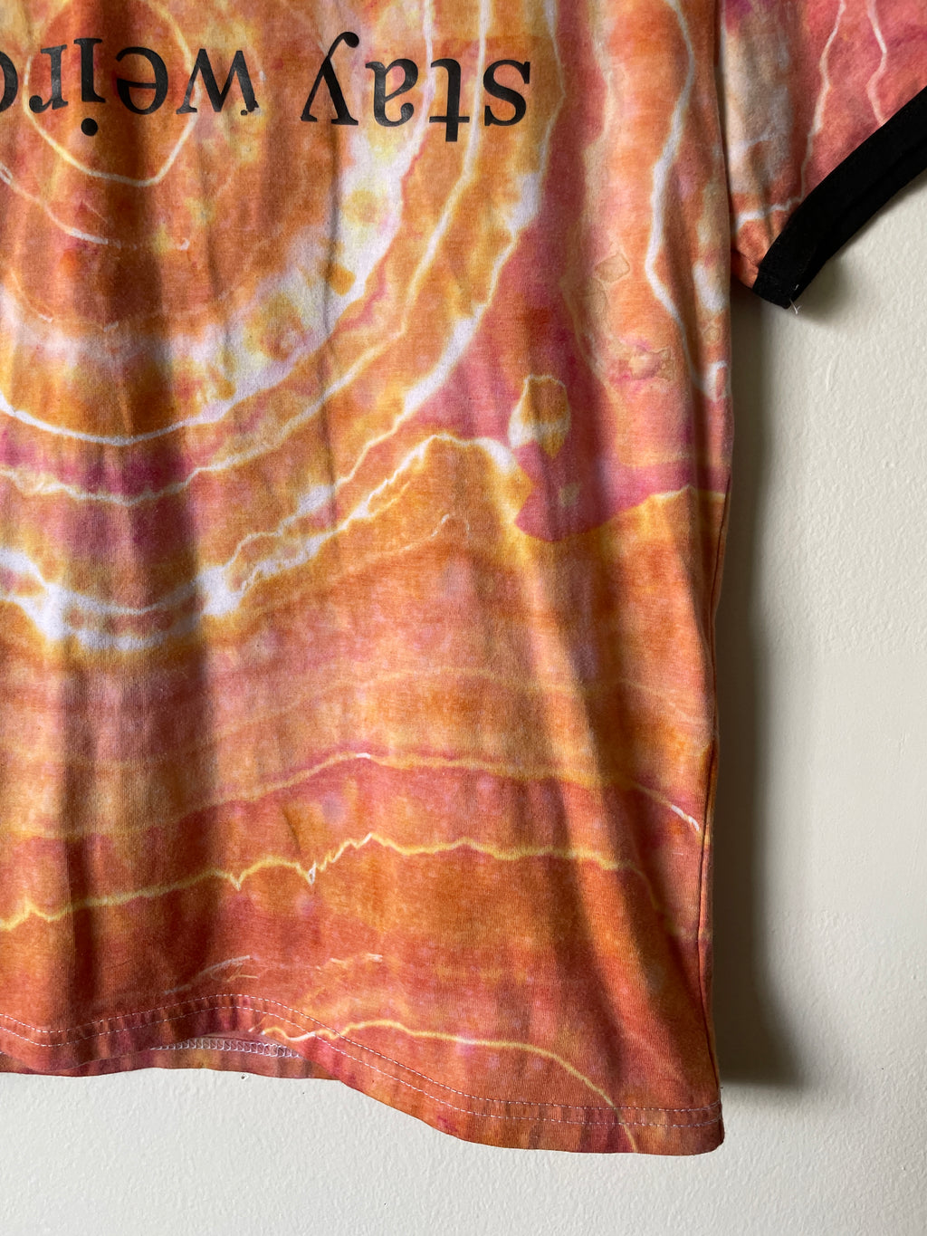 Medium Women's Stay Weird Handmade Geode Tie Dye Short Sleeve T-Shirt | One-Of-a-Kind Upcycled Orange and White Tie Dye Top