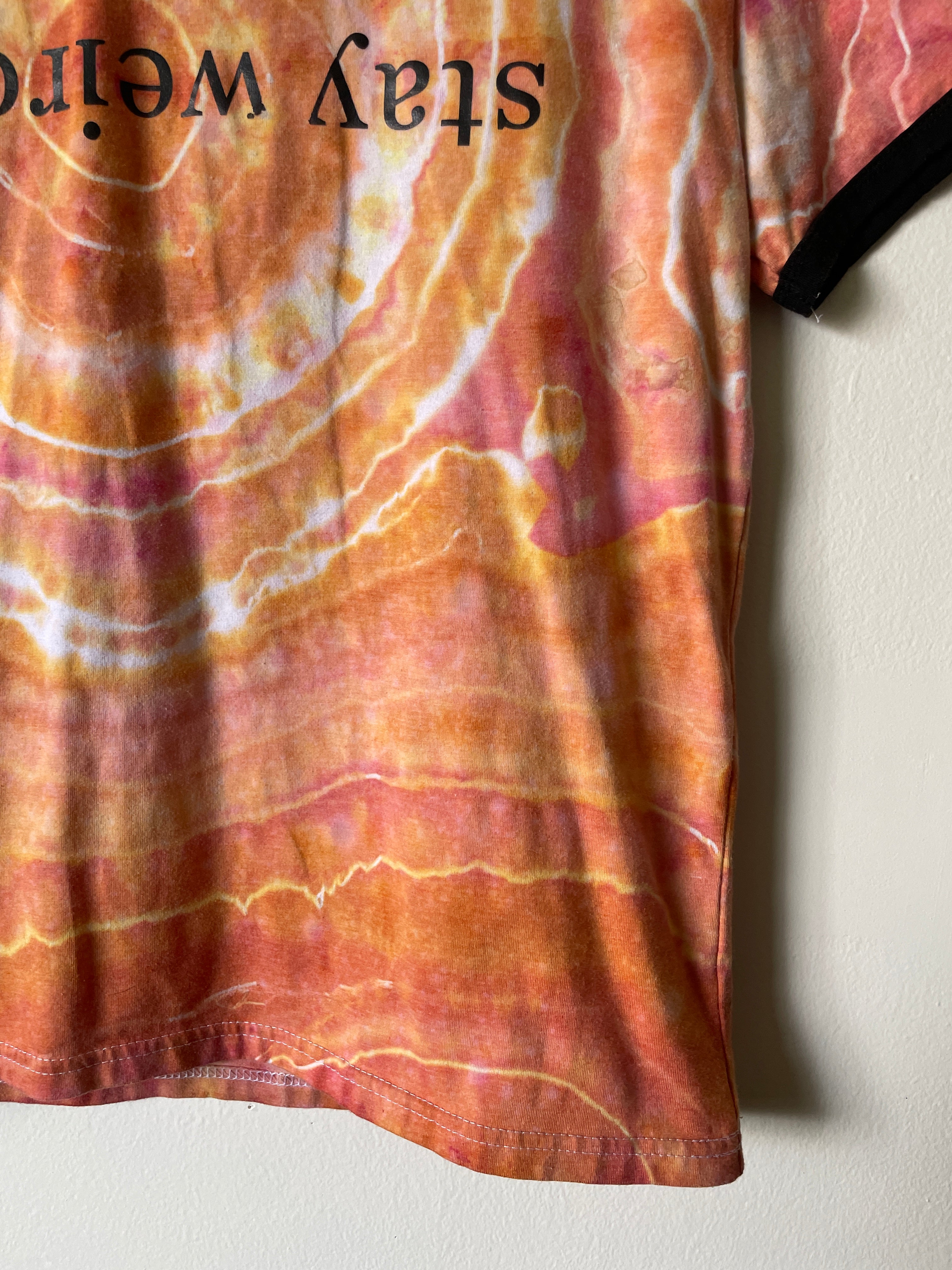 Medium Women's Stay Weird Handmade Geode Tie Dye Short Sleeve T-Shirt | One-Of-a-Kind Upcycled Orange and White Tie Dye Top