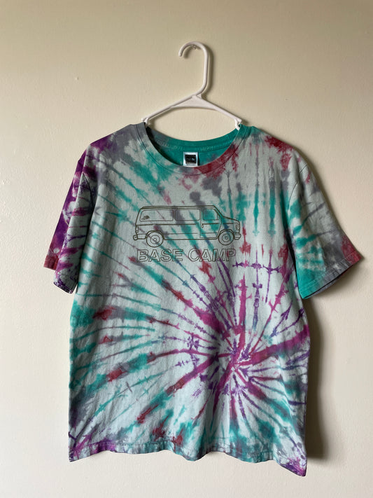 Medium Men's Base Camp Van Life Handmade Tie Dye Short Sleeve T-Shirt | One-Of-a-Kind Upcycled Pink and Teal The North Face Tie Dye Top