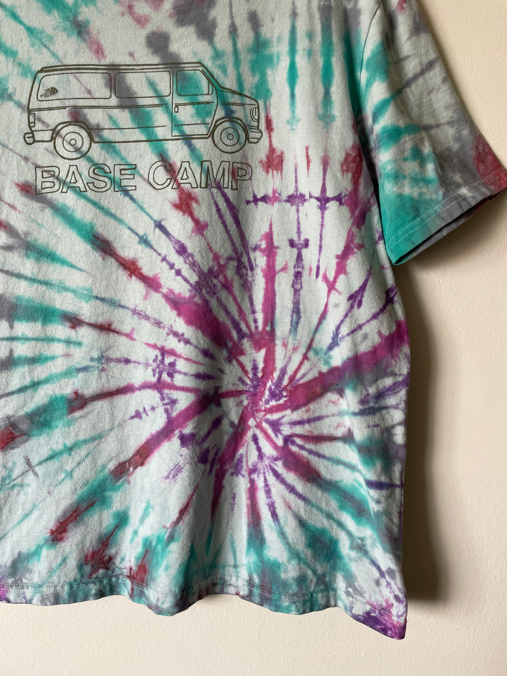 Medium Men's Base Camp Van Life Handmade Tie Dye Short Sleeve T-Shirt | One-Of-a-Kind Upcycled Pink and Teal The North Face Tie Dye Top