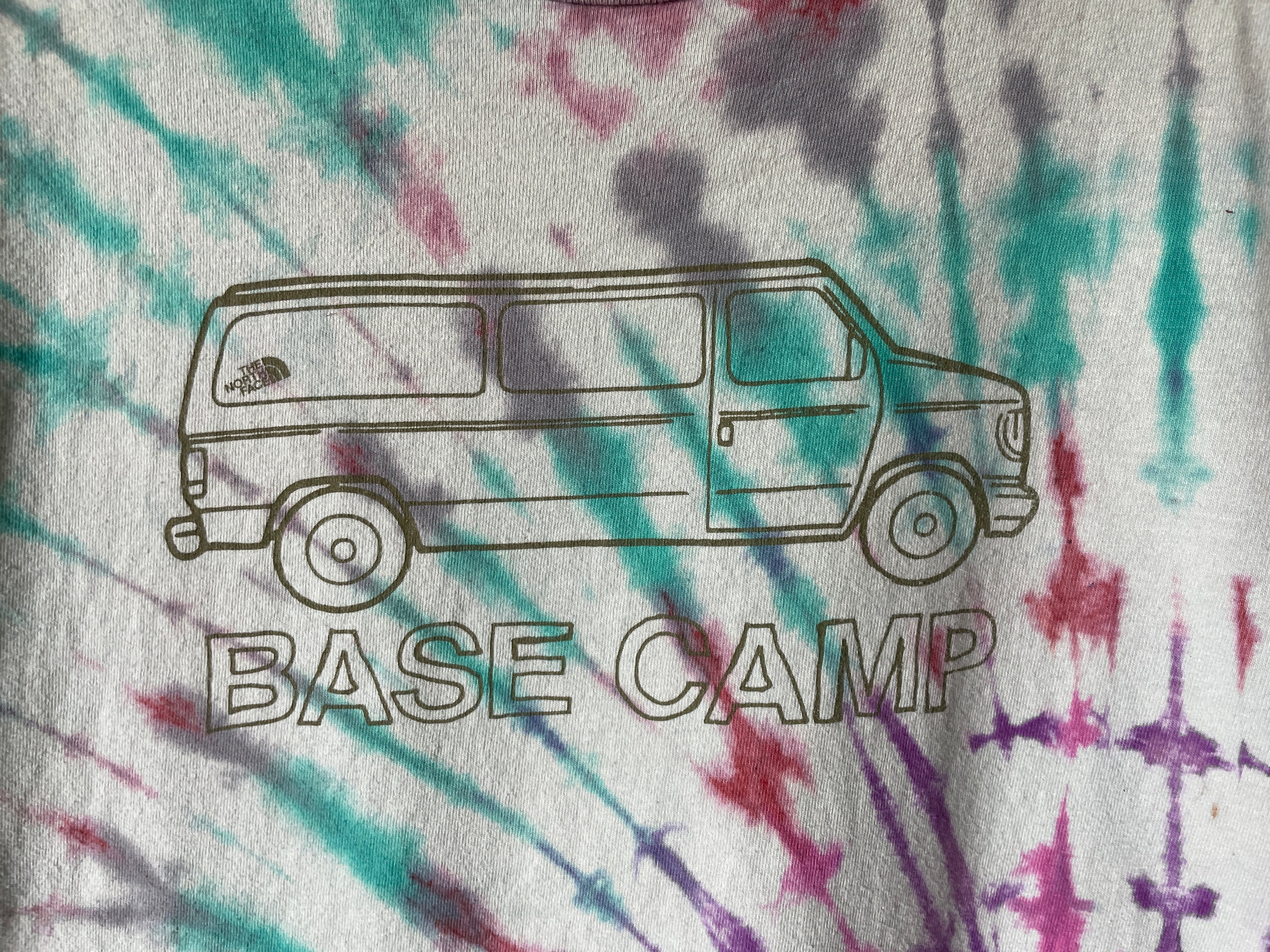 Medium Men's Base Camp Van Life Handmade Tie Dye Short Sleeve T-Shirt | One-Of-a-Kind Upcycled Pink and Teal The North Face Tie Dye Top
