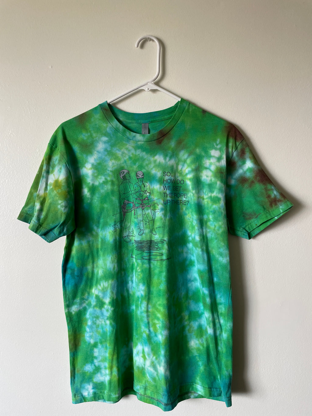 Medium Men's How Do We Get the Rope Up There? Rock Climbing Handmade Tie Dye Short Sleeve T-Shirt | One-Of-a-Kind Upcycled Green and White Tie Dye Top