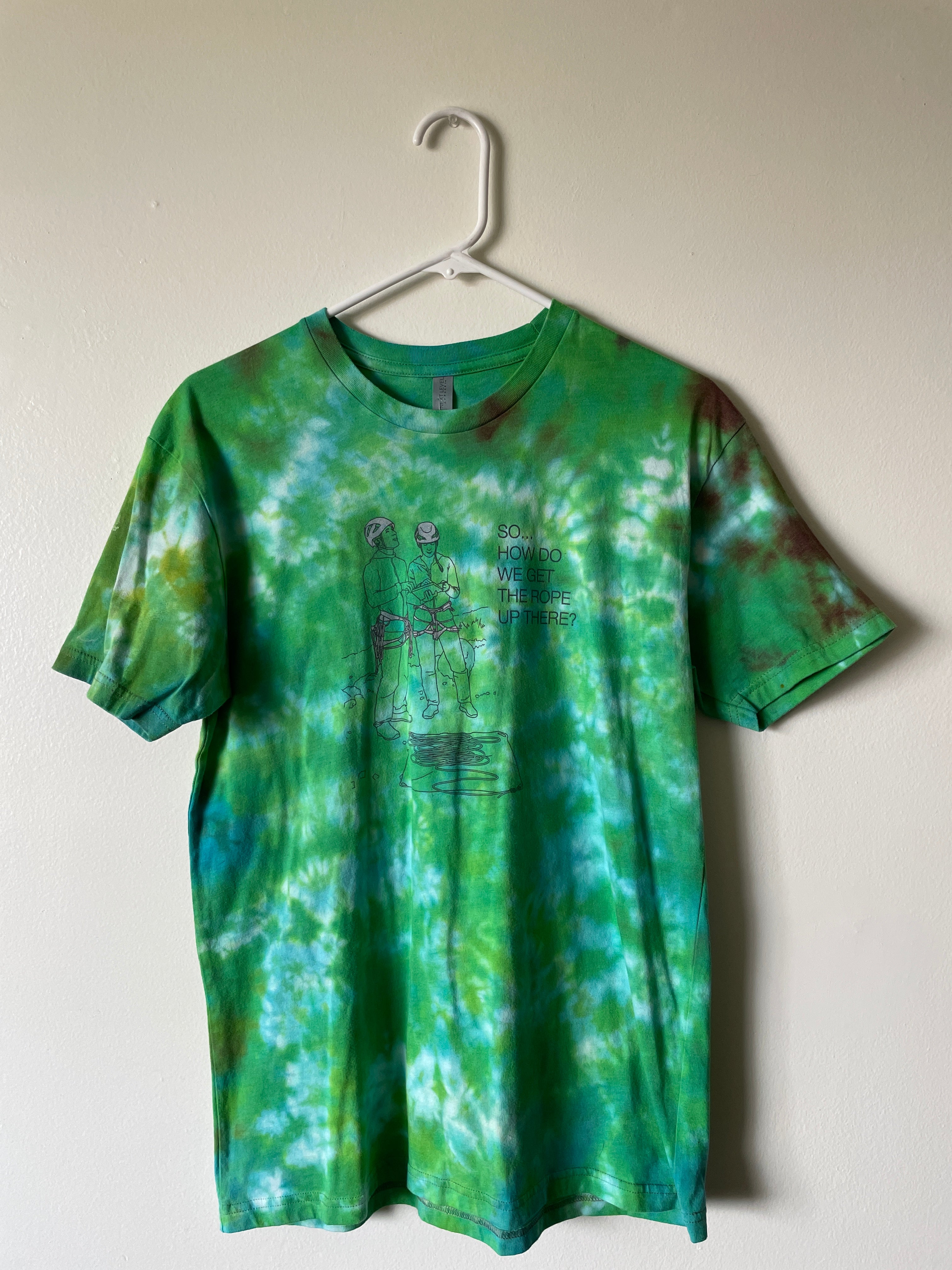 Medium Men's How Do We Get the Rope Up There? Rock Climbing Handmade Tie Dye Short Sleeve T-Shirt | One-Of-a-Kind Upcycled Green and White Tie Dye Top