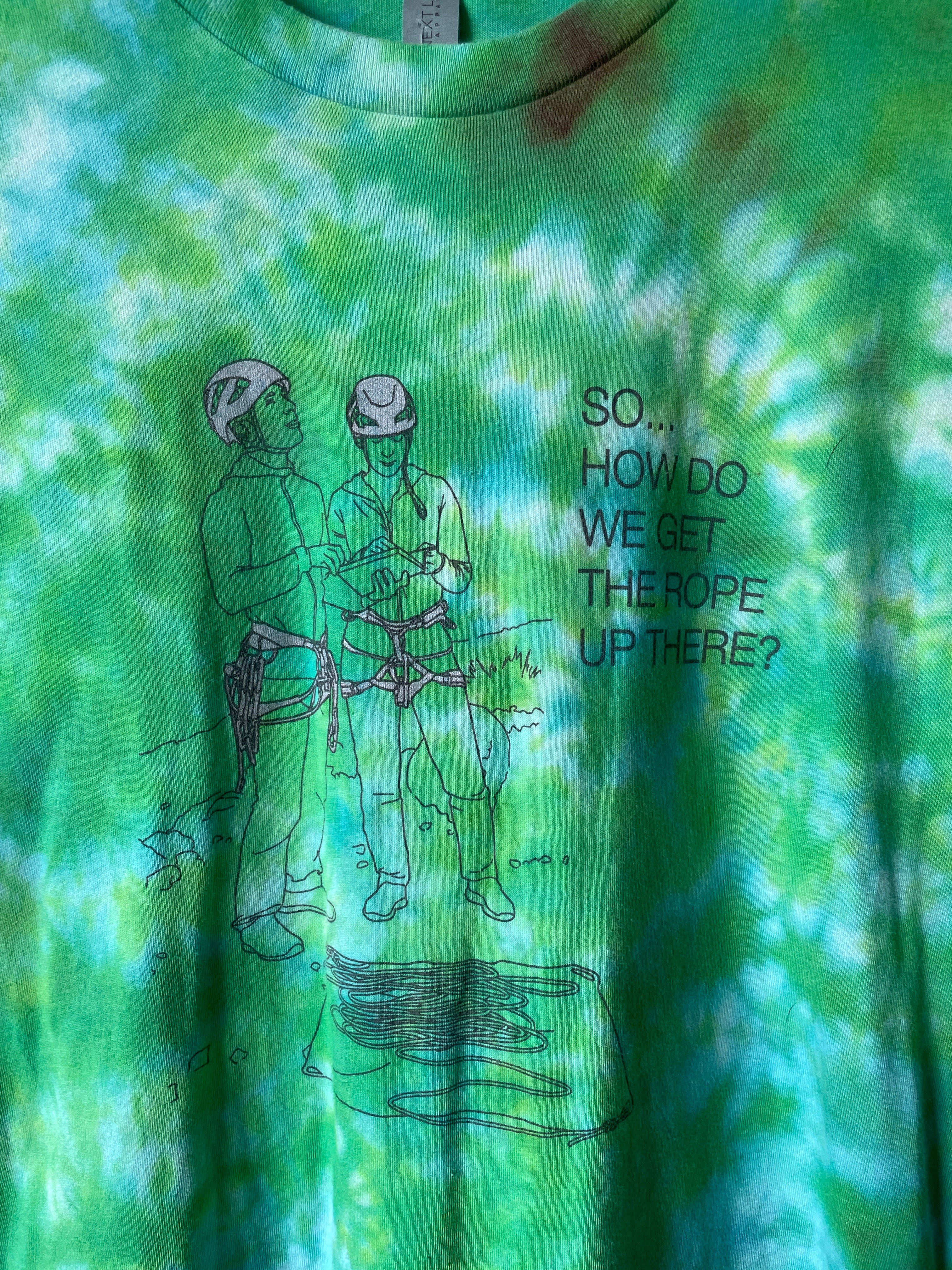 Medium Men's How Do We Get the Rope Up There? Rock Climbing Handmade Tie Dye Short Sleeve T-Shirt | One-Of-a-Kind Upcycled Green and White Tie Dye Top