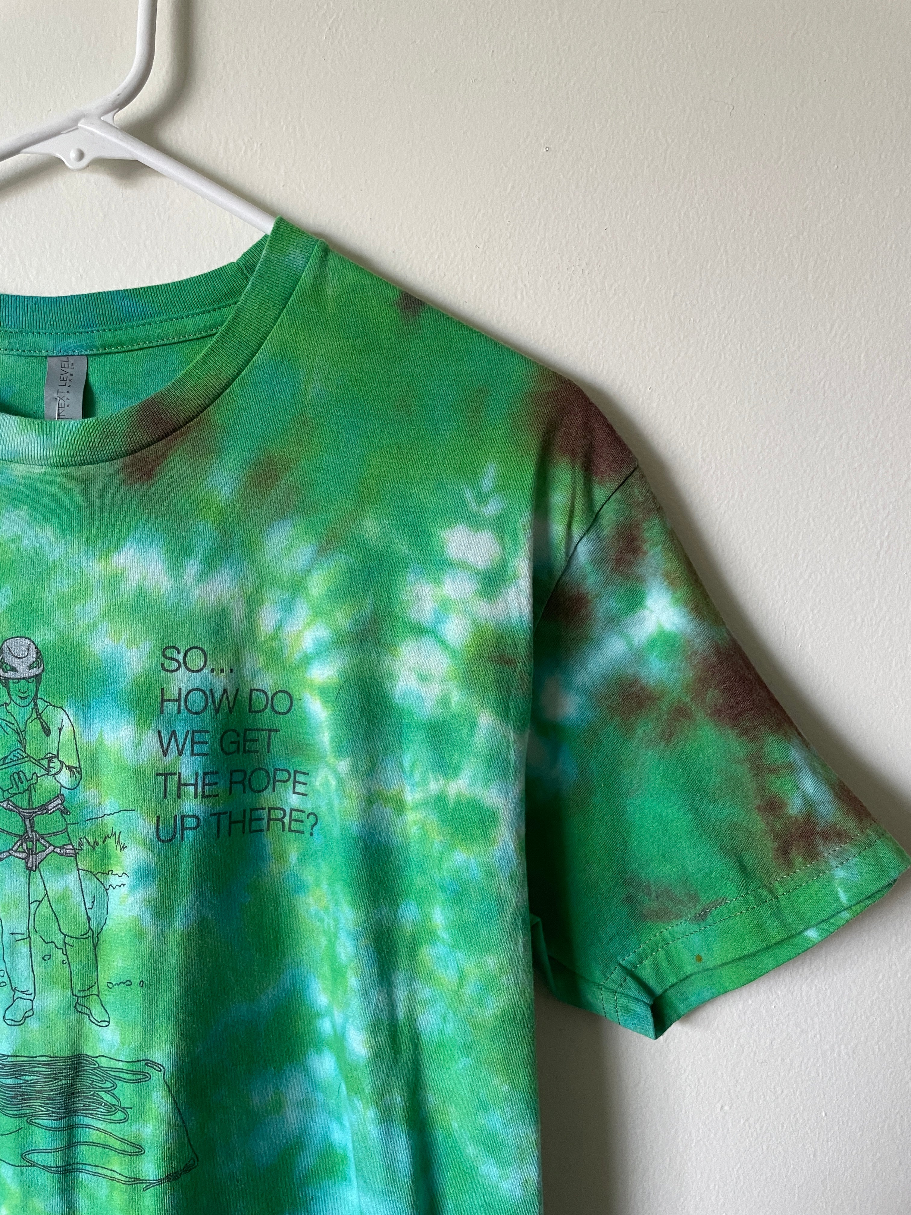 Medium Men's How Do We Get the Rope Up There? Rock Climbing Handmade Tie Dye Short Sleeve T-Shirt | One-Of-a-Kind Upcycled Green and White Tie Dye Top