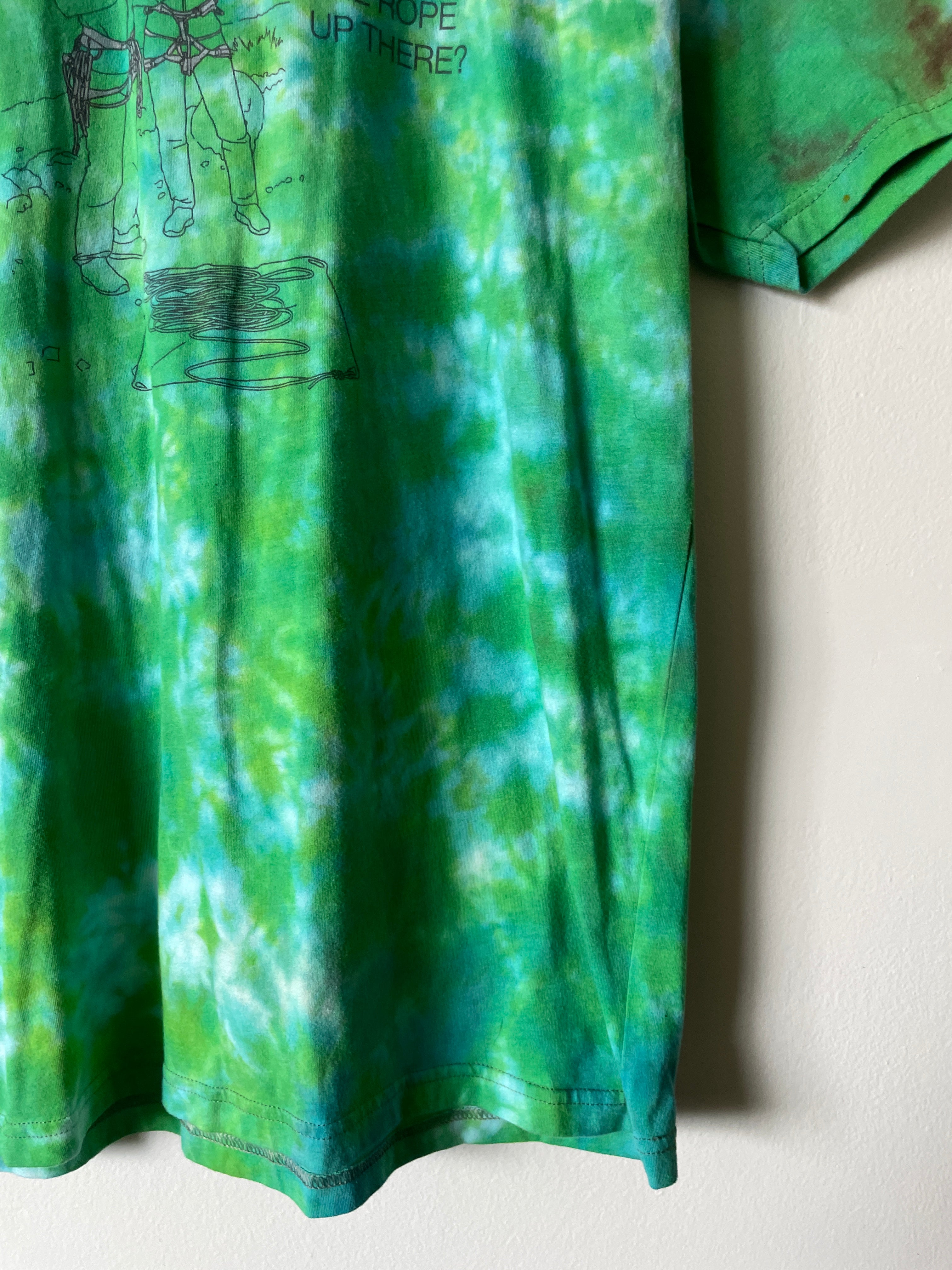 Medium Men's How Do We Get the Rope Up There? Rock Climbing Handmade Tie Dye Short Sleeve T-Shirt | One-Of-a-Kind Upcycled Green and White Tie Dye Top