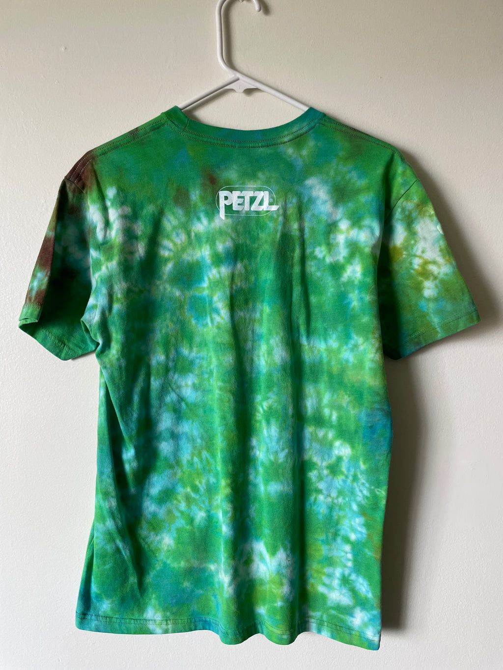 Medium Men's How Do We Get the Rope Up There? Rock Climbing Handmade Tie Dye Short Sleeve T-Shirt | One-Of-a-Kind Upcycled Green and White Tie Dye Top