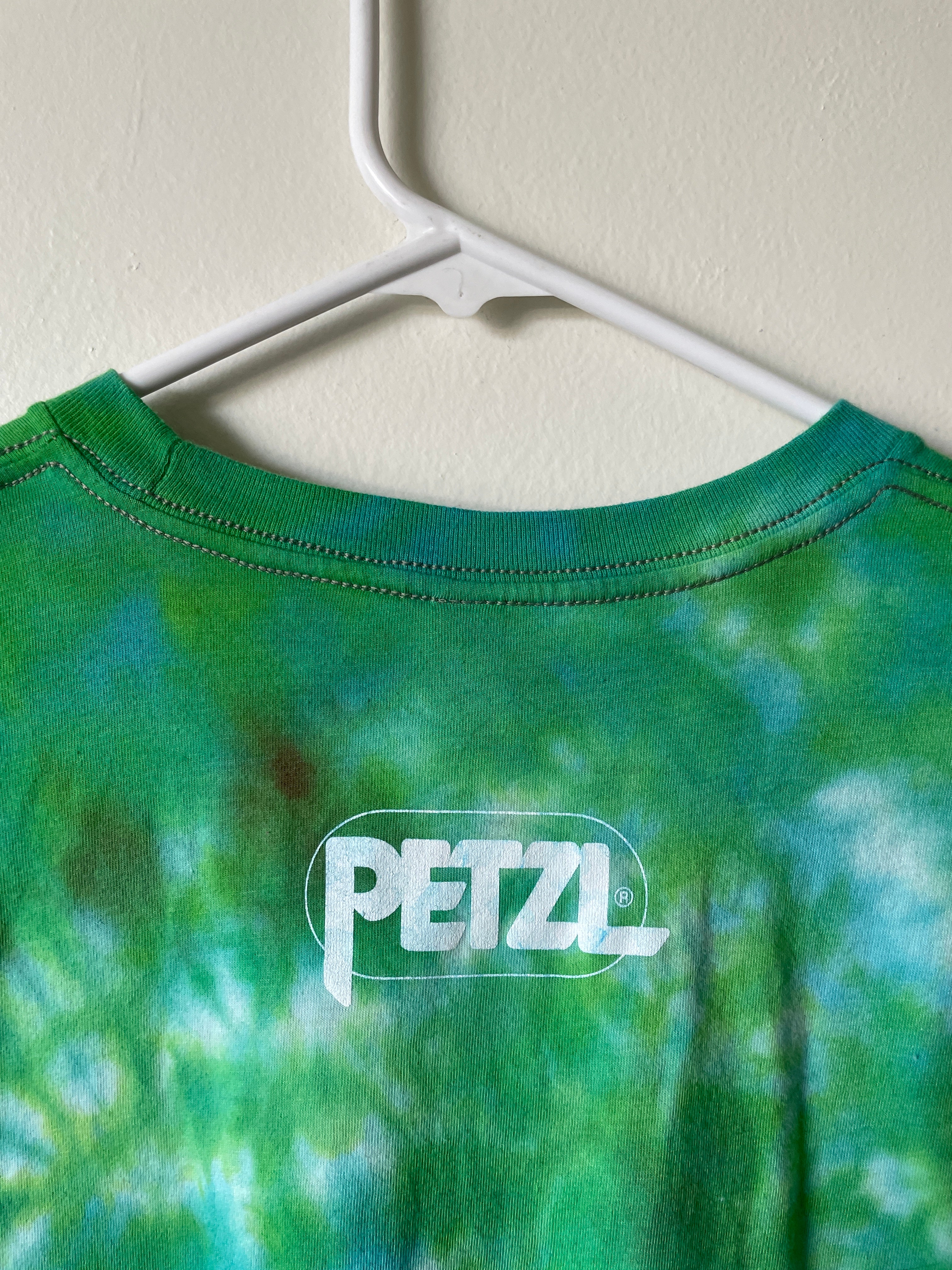 Medium Men's How Do We Get the Rope Up There? Rock Climbing Handmade Tie Dye Short Sleeve T-Shirt | One-Of-a-Kind Upcycled Green and White Tie Dye Top