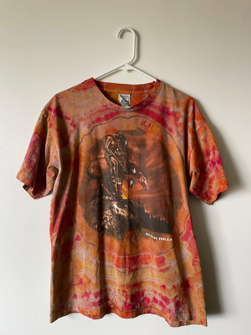 Large Men's Vintage Black Hills End of the Trail Handmade Geode Tie Dye Short Sleeve T-Shirt | One-Of-a-Kind Upcycled Brown and Orange Tie Dye Top