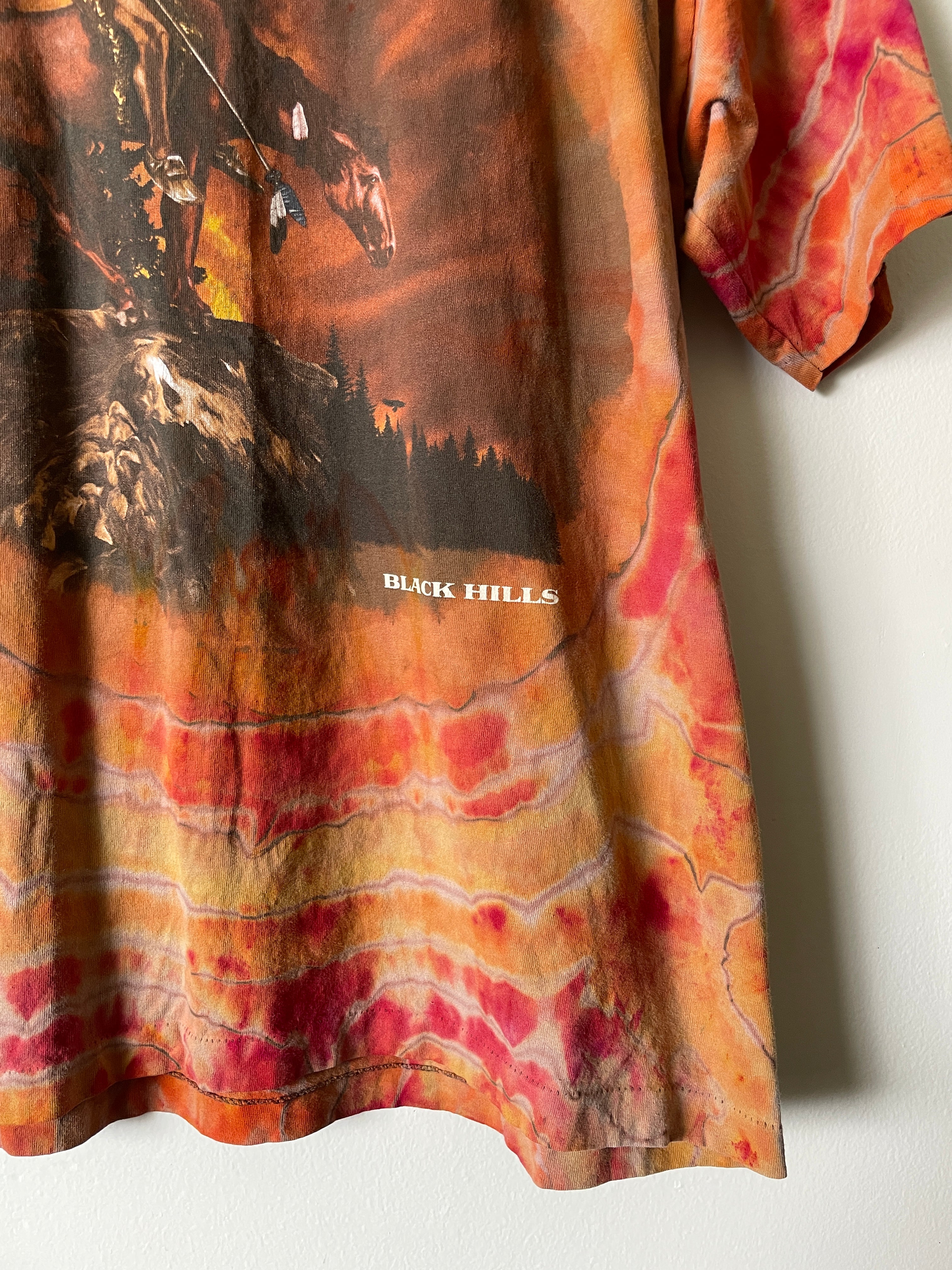 Large Men's Vintage Black Hills End of the Trail Handmade Geode Tie Dye Short Sleeve T-Shirt | One-Of-a-Kind Upcycled Brown and Orange Tie Dye Top