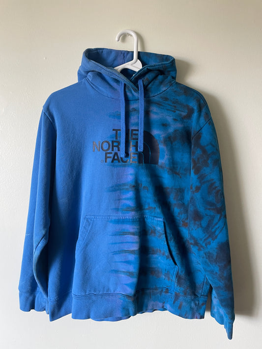 Large Men's The North Face Half Dome Reverse Tie Dye Hoodie | One-Of-a-Kind Upcycled Blue and Black Half-and-Half Sweatshirt