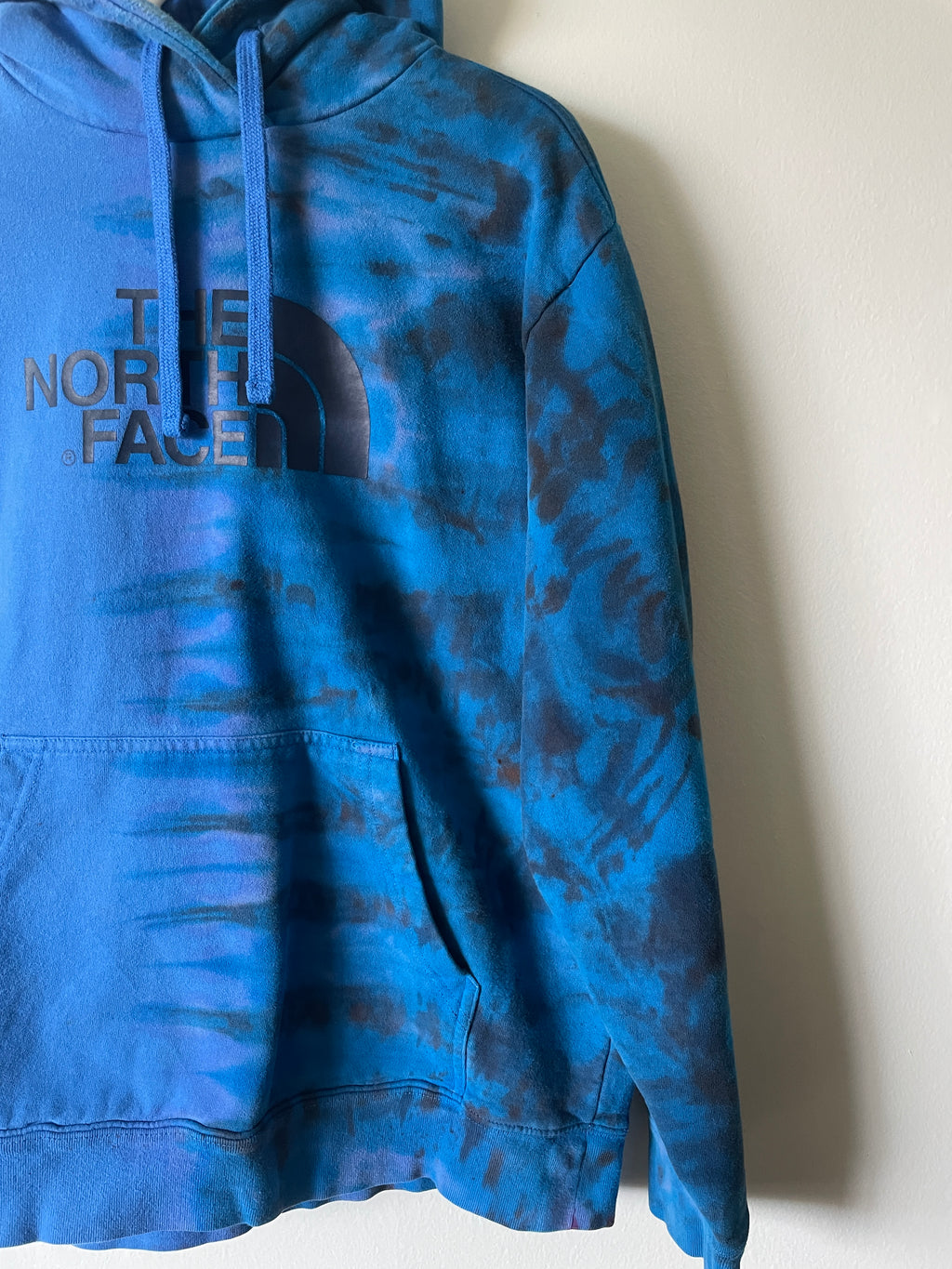 Large Men's The North Face Half Dome Reverse Tie Dye Hoodie | One-Of-a-Kind Upcycled Blue and Black Half-and-Half Sweatshirt