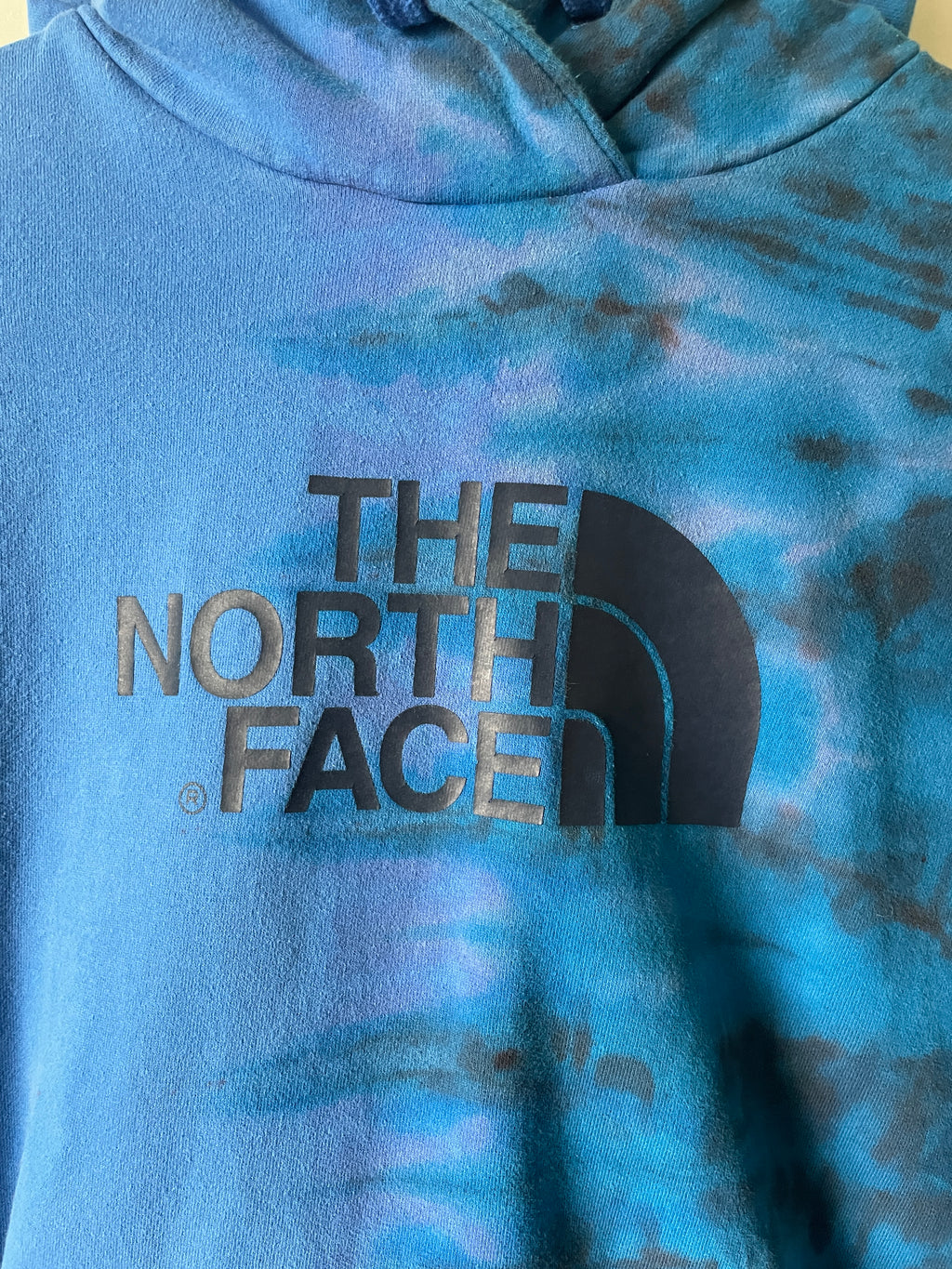 Large Men's The North Face Half Dome Reverse Tie Dye Hoodie | One-Of-a-Kind Upcycled Blue and Black Half-and-Half Sweatshirt
