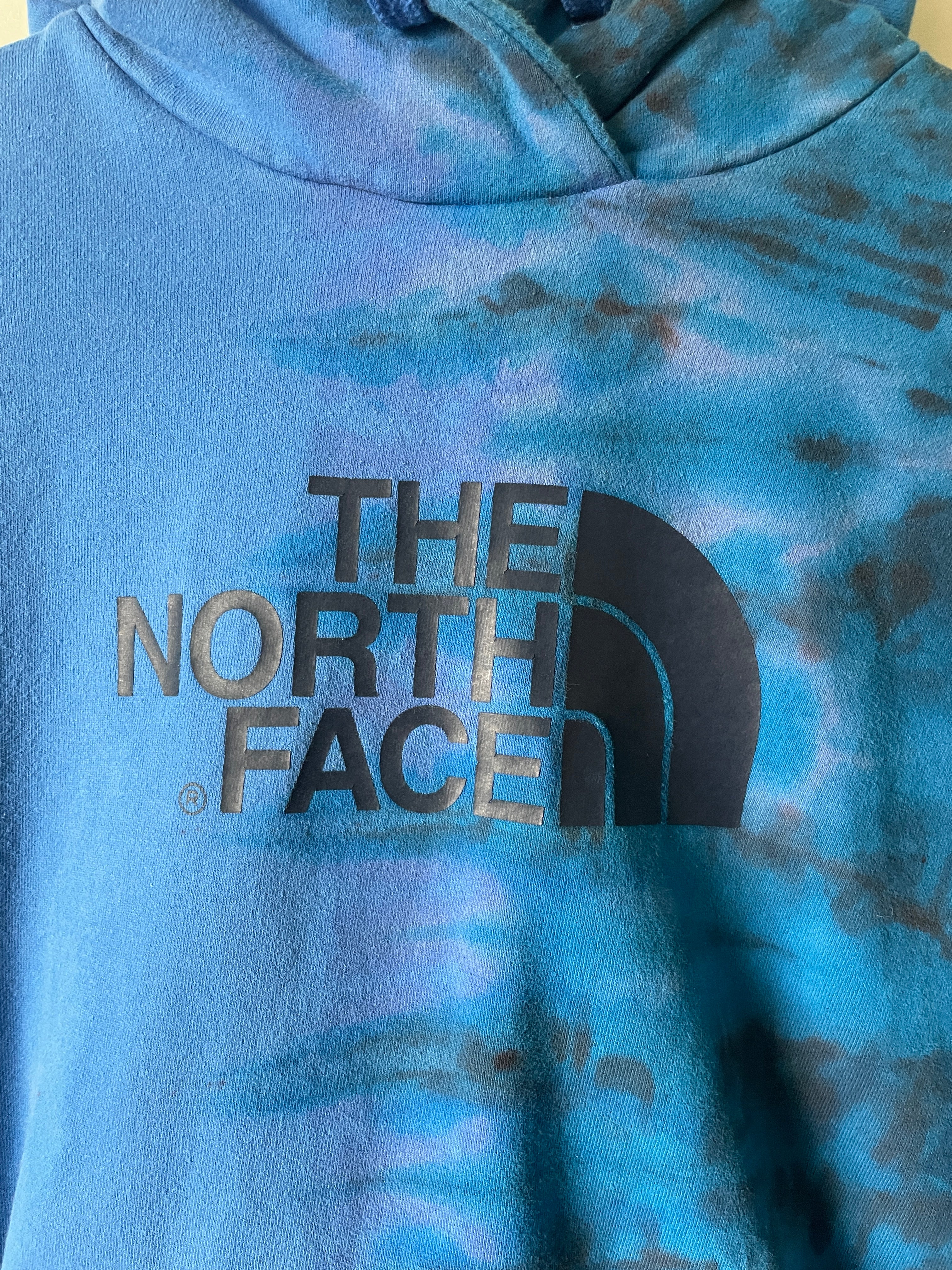 Large Men's The North Face Half Dome Reverse Tie Dye Hoodie | One-Of-a-Kind Upcycled Blue and Black Half-and-Half Sweatshirt