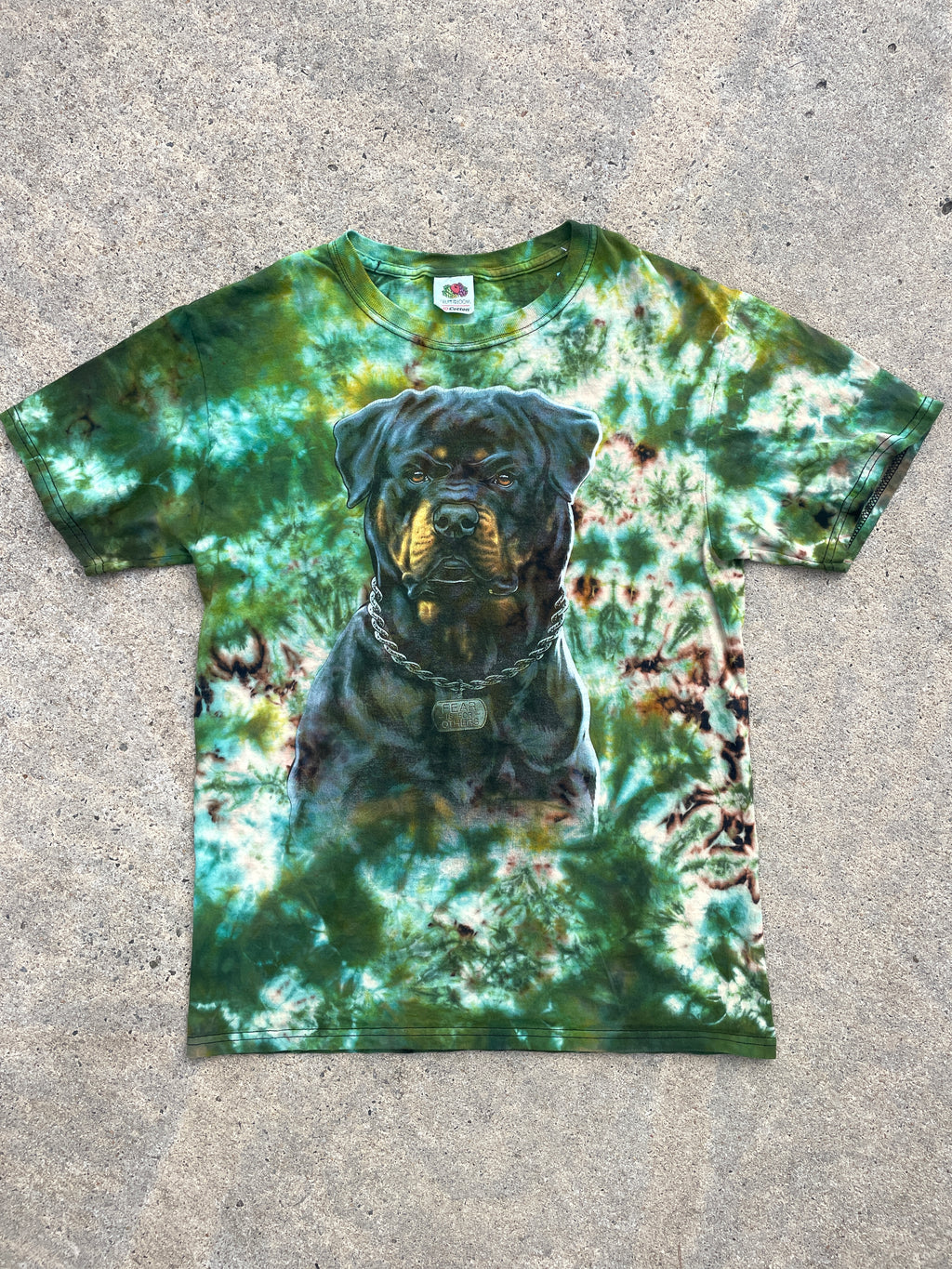 Rottweiler "Fear is for Others" Green and Black Short Sleeve Tie Dye T-Shirt | Men's Small