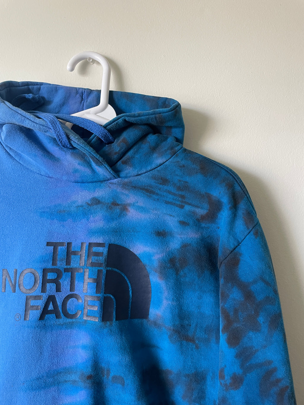 Large Men's The North Face Half Dome Reverse Tie Dye Hoodie | One-Of-a-Kind Upcycled Blue and Black Half-and-Half Sweatshirt