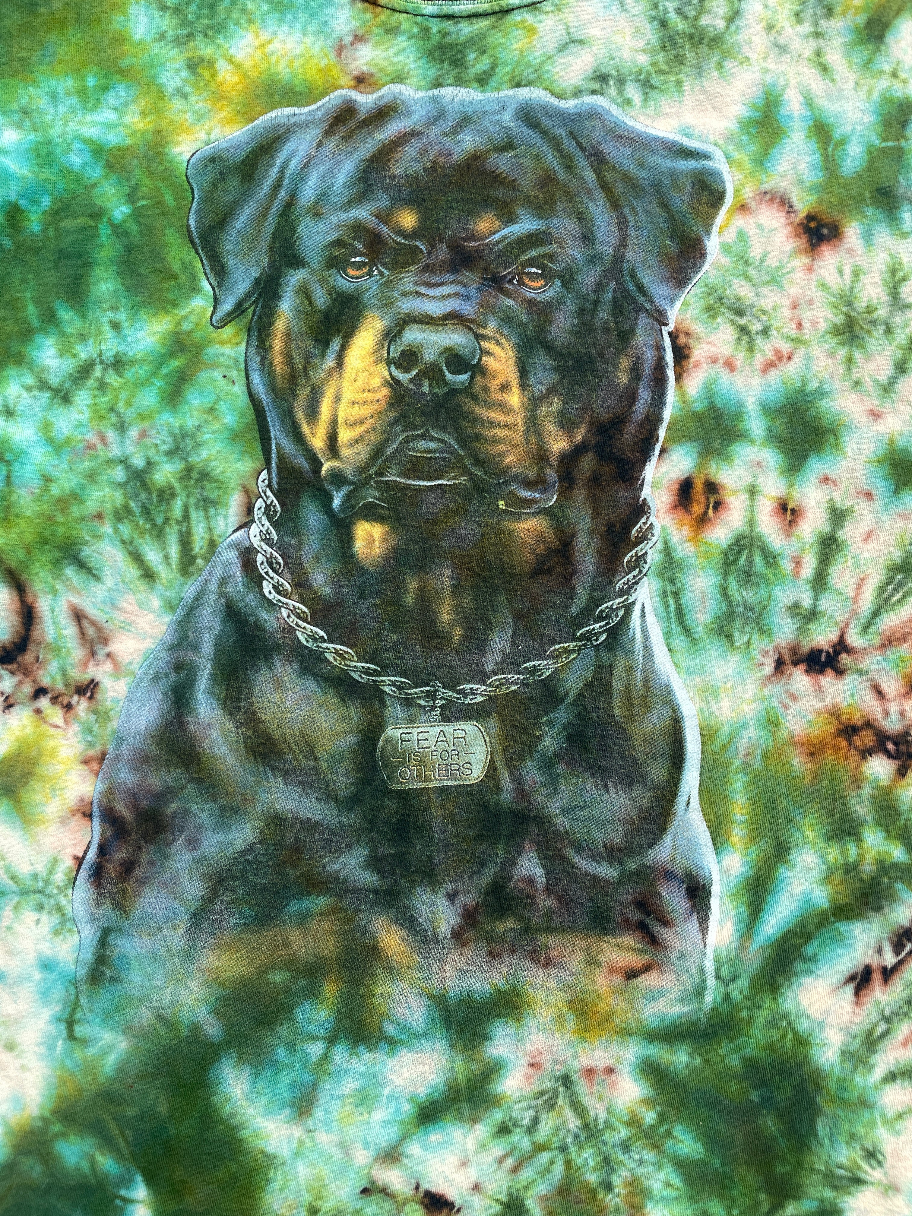 Rottweiler "Fear is for Others" Green and Black Short Sleeve Tie Dye T-Shirt | Men's Small