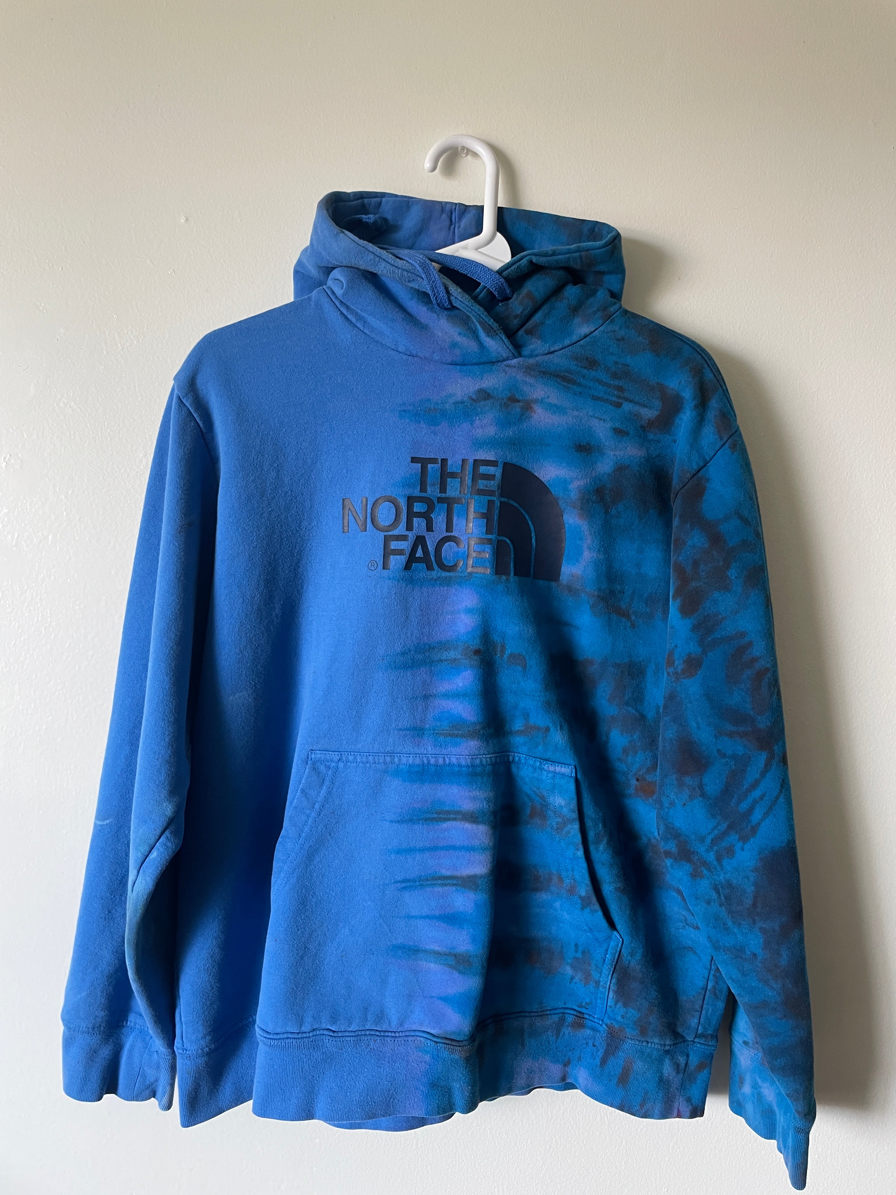 Large Men's The North Face Half Dome Reverse Tie Dye Hoodie | One-Of-a-Kind Upcycled Blue and Black Half-and-Half Sweatshirt