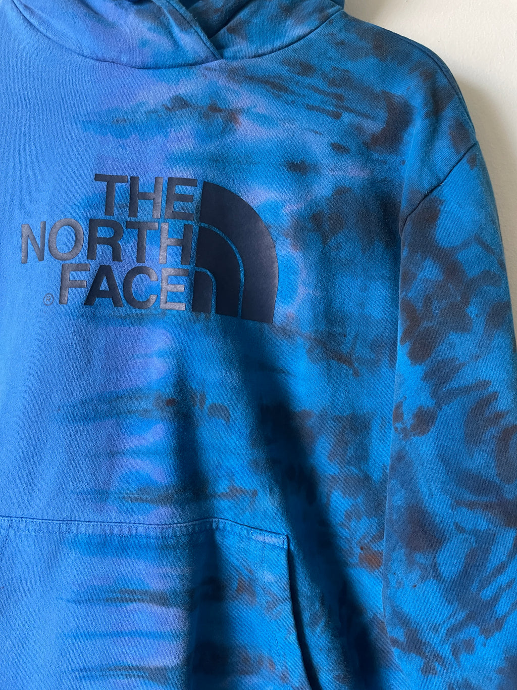 Large Men's The North Face Half Dome Reverse Tie Dye Hoodie | One-Of-a-Kind Upcycled Blue and Black Half-and-Half Sweatshirt