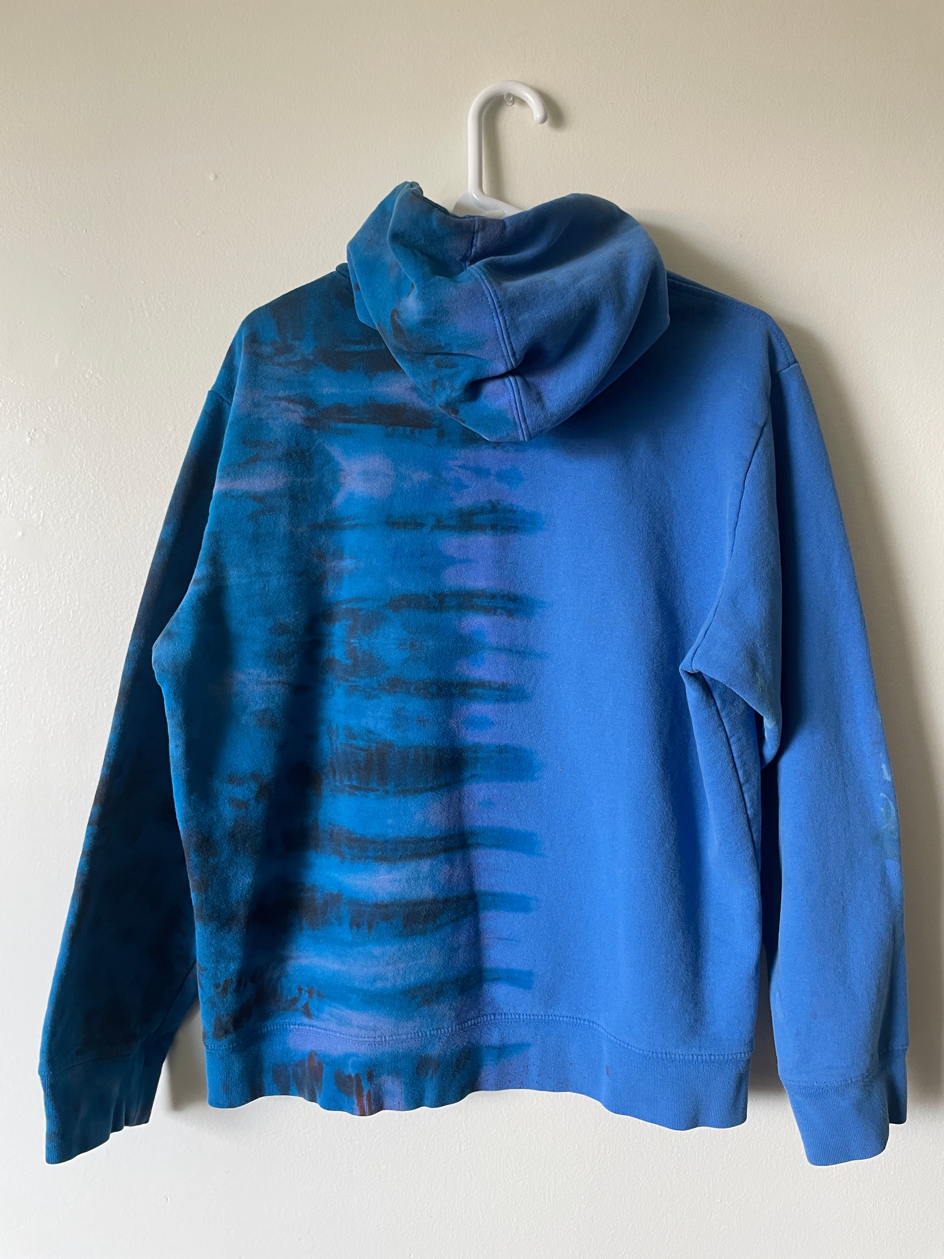 Large Men's The North Face Half Dome Reverse Tie Dye Hoodie | One-Of-a-Kind Upcycled Blue and Black Half-and-Half Sweatshirt