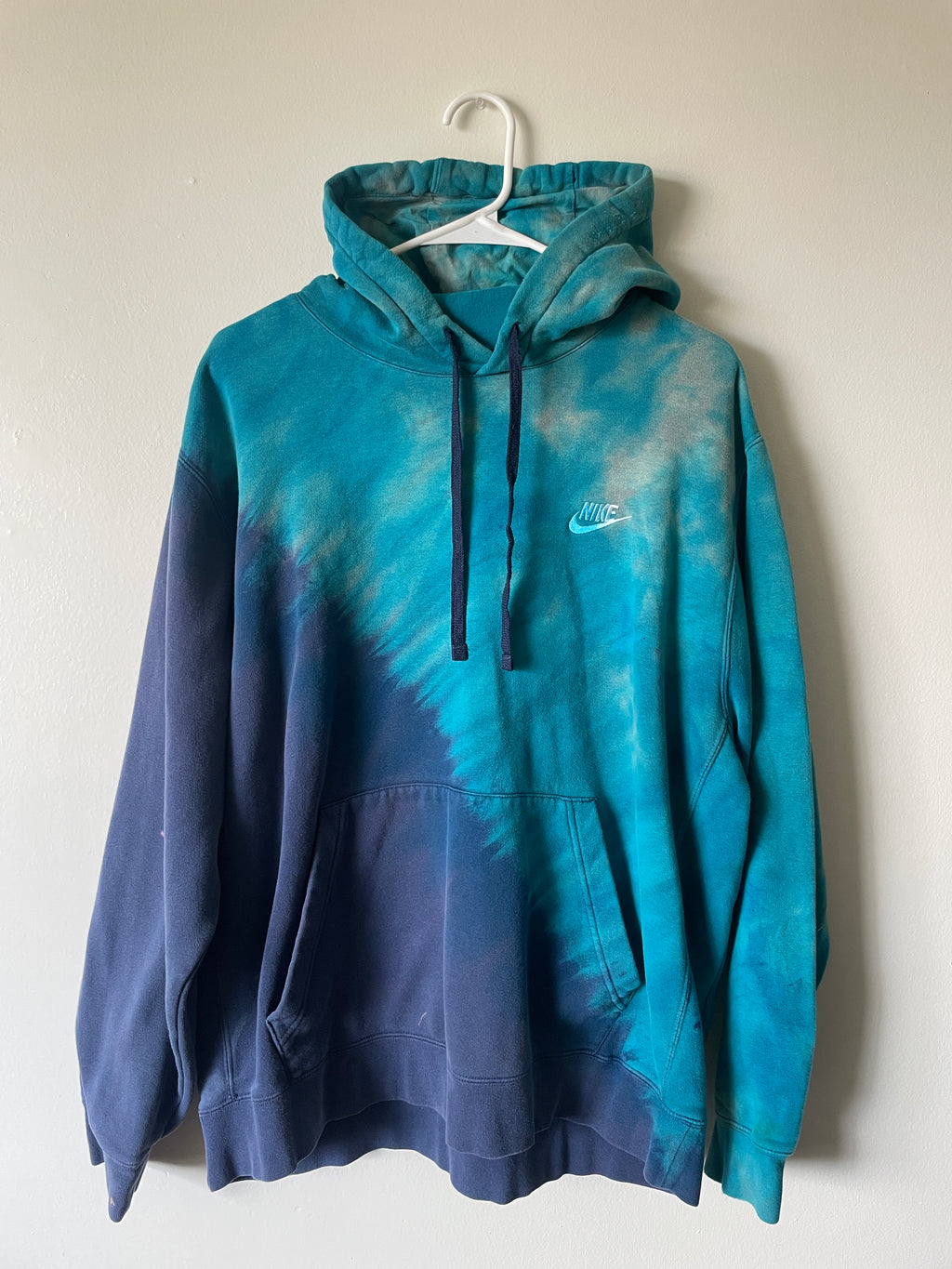 XL Men's Nike Reverse Tie Dye Hoodie | One-Of-a-Kind Upcycled Blue and Black Half-and-Half Sweatshirt