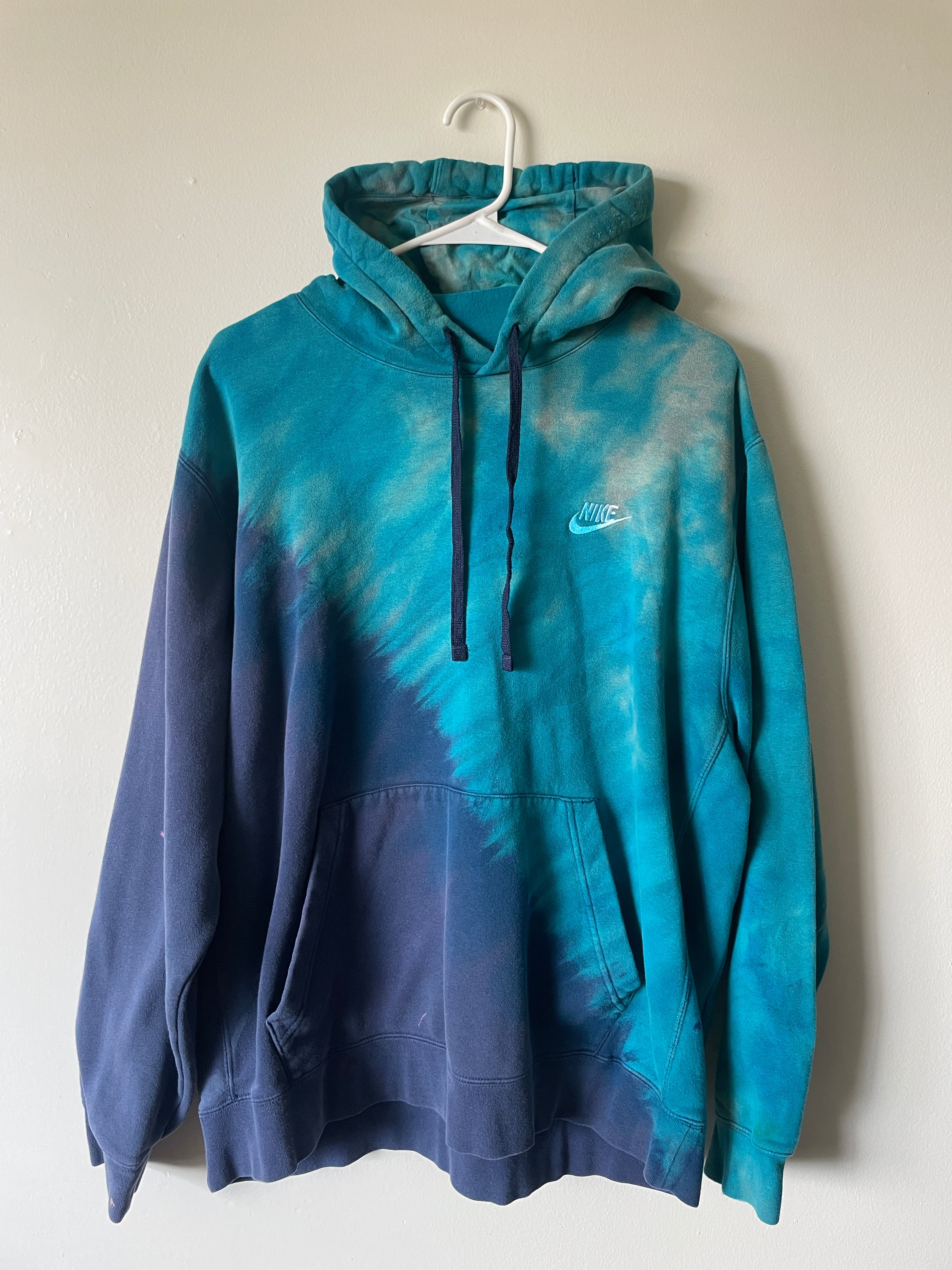 XL Men's Nike Reverse Tie Dye Hoodie | One-Of-a-Kind Upcycled Blue and Black Half-and-Half Sweatshirt