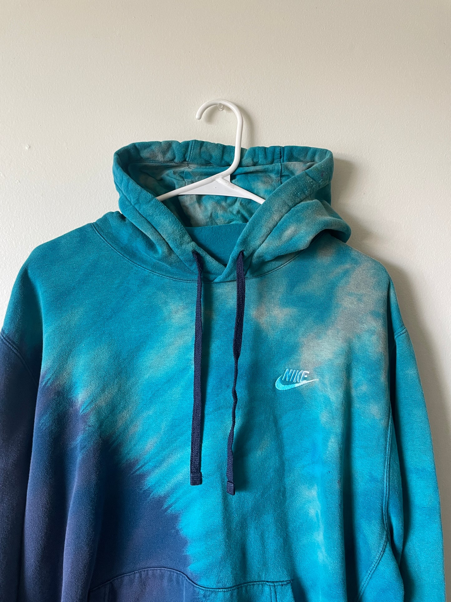 XL Men's Nike Reverse Tie Dye Hoodie | One-Of-a-Kind Upcycled Blue and Black Half-and-Half Sweatshirt