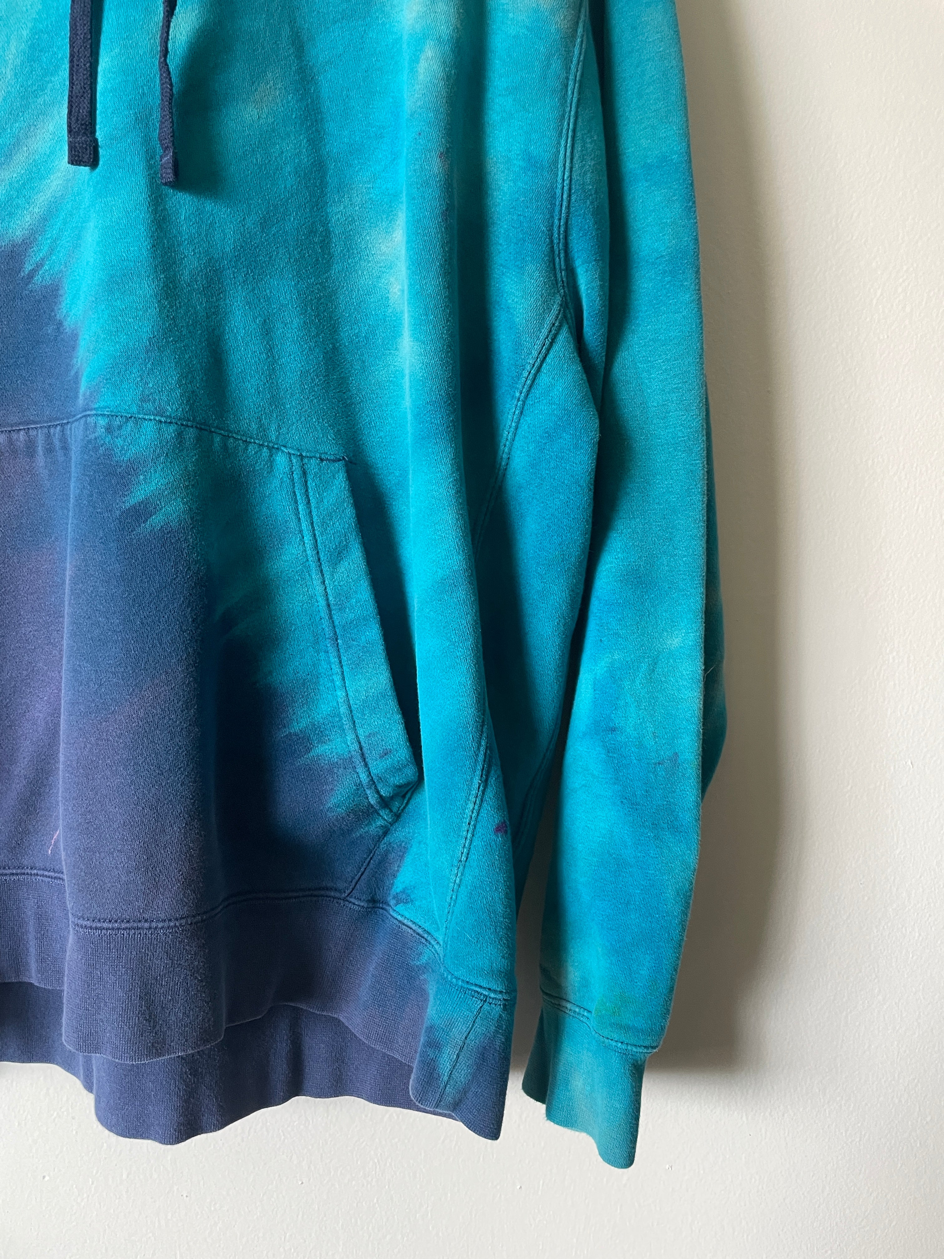 XL Men's Nike Reverse Tie Dye Hoodie | One-Of-a-Kind Upcycled Blue and Black Half-and-Half Sweatshirt