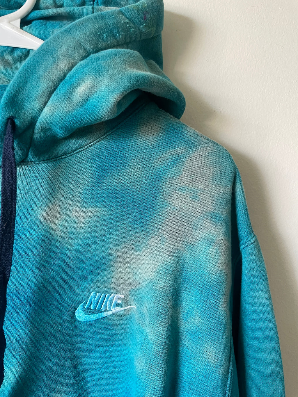 XL Men's Nike Reverse Tie Dye Hoodie | One-Of-a-Kind Upcycled Blue and Black Half-and-Half Sweatshirt