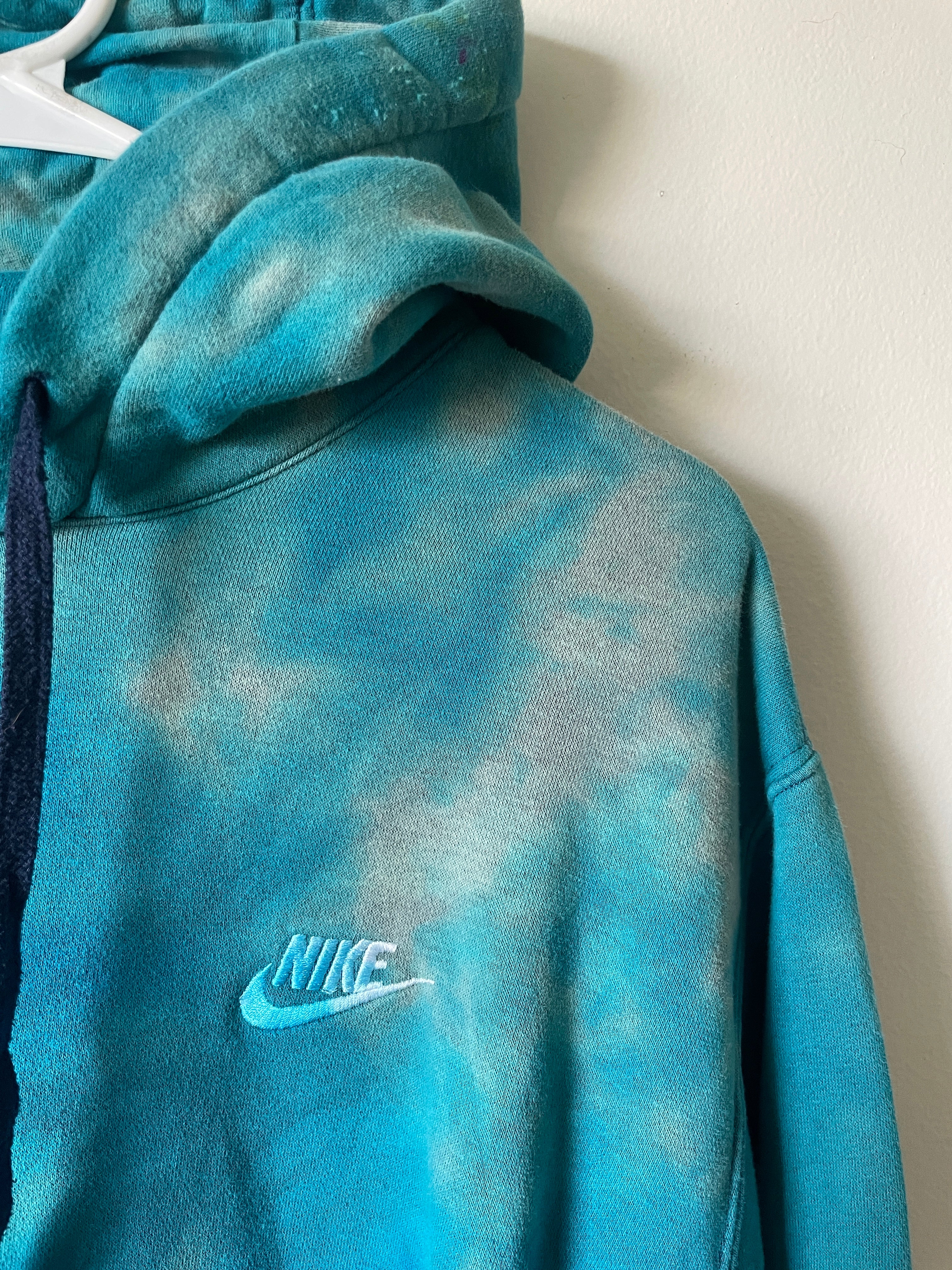 XL Men's Nike Reverse Tie Dye Hoodie | One-Of-a-Kind Upcycled Blue and Black Half-and-Half Sweatshirt